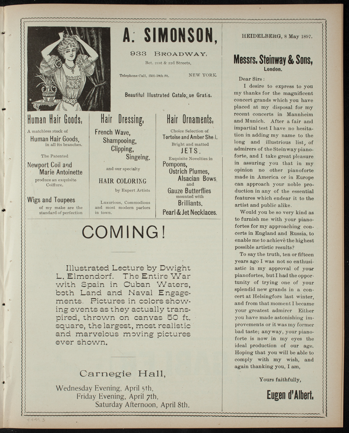 Lecture on Wild Animals of Wyoming, April 4, 1899, program page 5