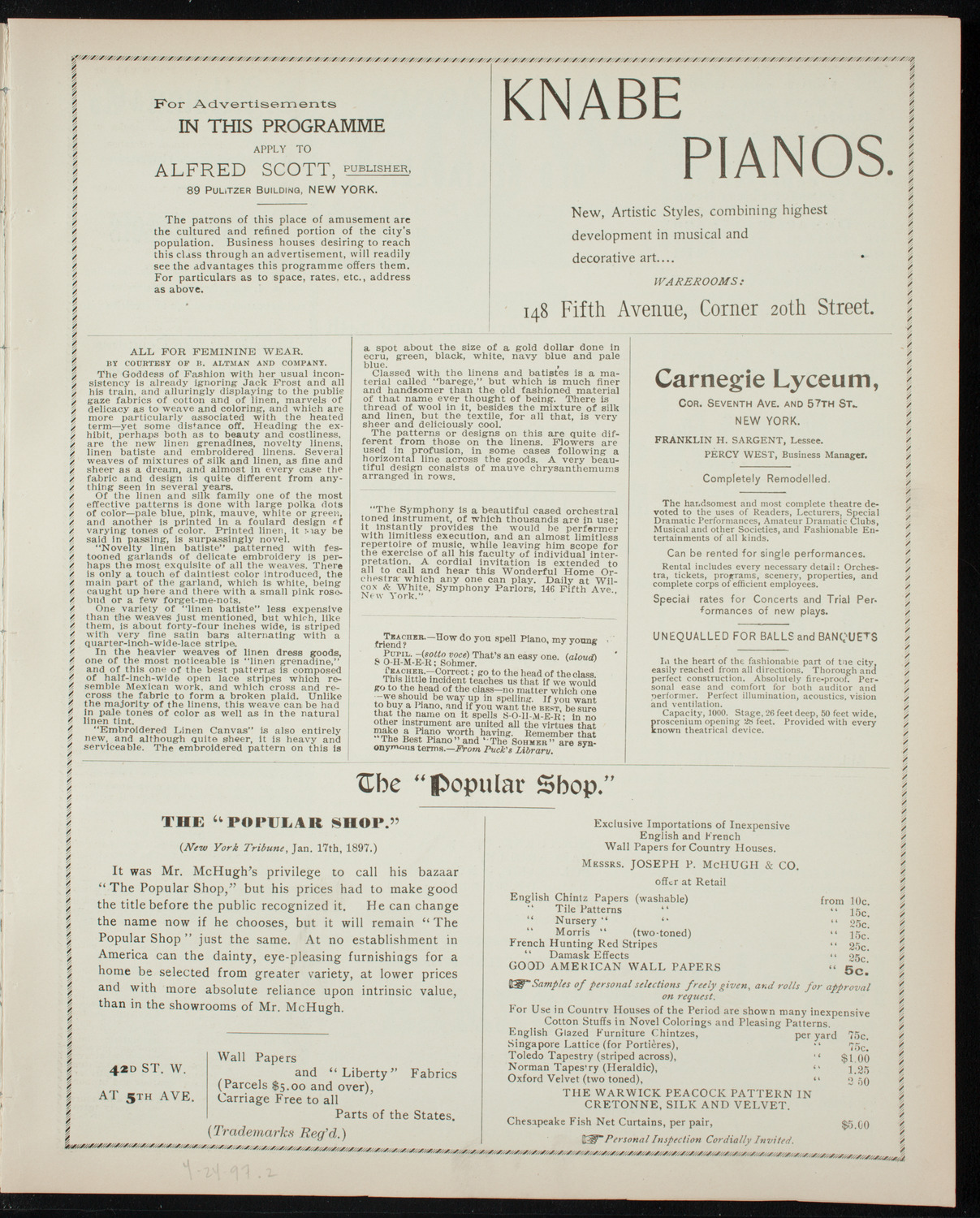 Teresa Carreño, Piano, April 24, 1897, program page 3