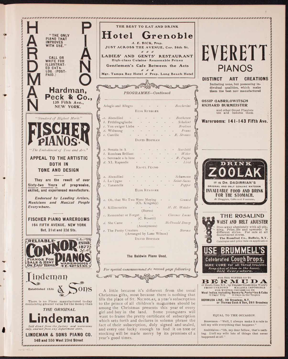 Raoul Pugno, Piano, Elsa Ruegger, Cello, and David Bispham, Baritone, December 21, 1902, program page 7