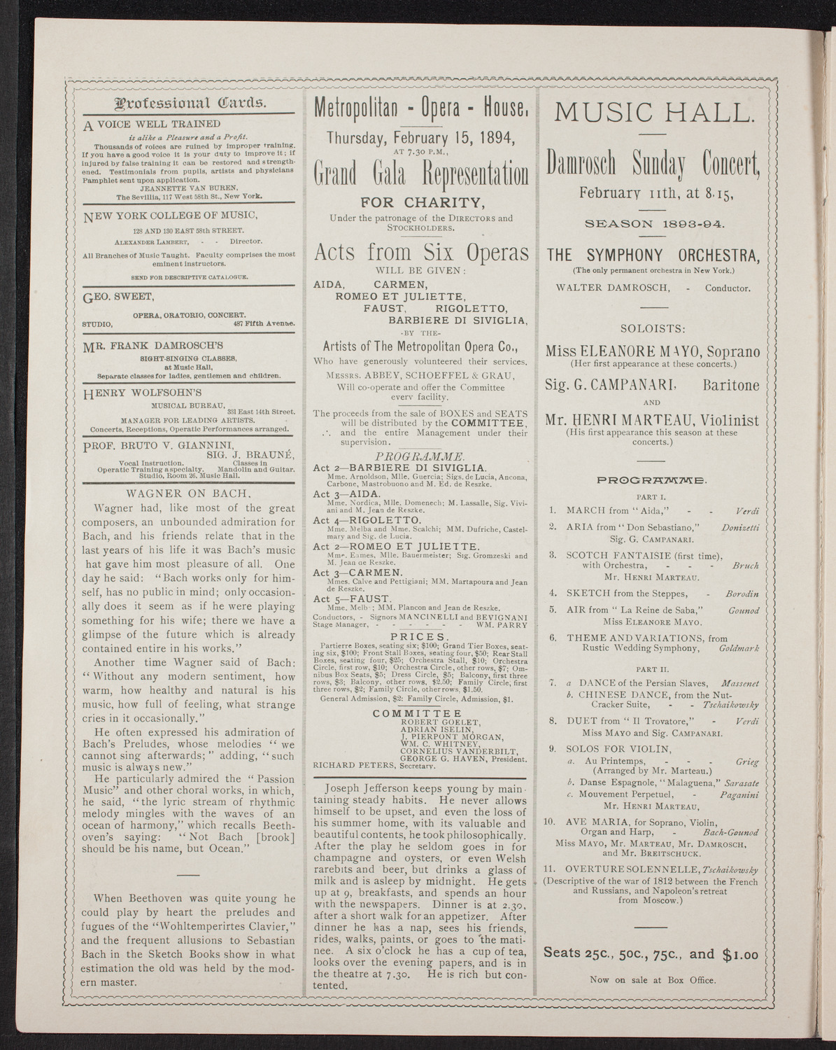 Boston Symphony Orchestra, February 8, 1894, program page 2