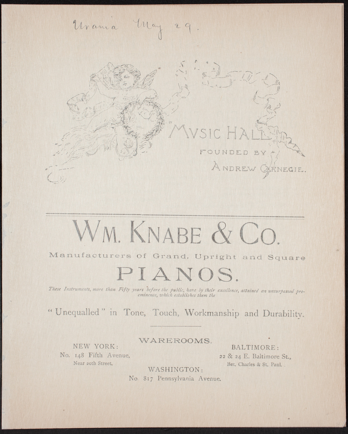 Urania Scientific Theatre, May 29, 1892, program page 1