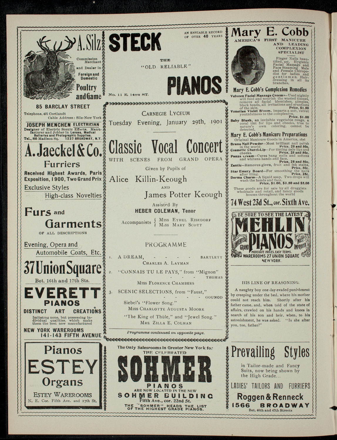 Classic Vocal Concert Given by the Pupils of Alice Killin-Keough and James Potter Keough, January 29, 1901, program page 2