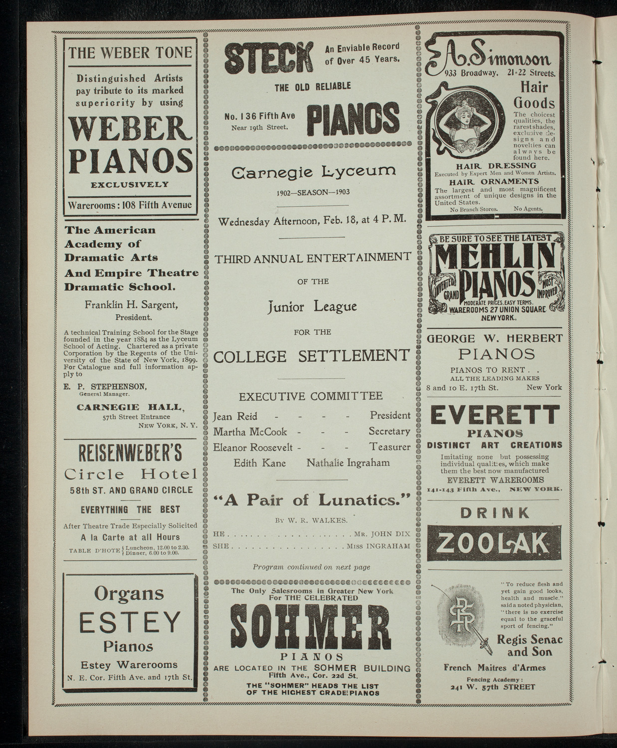 Third Annual Entertainment of the Junior League for the College Settlement, February 18, 1903, program page 2