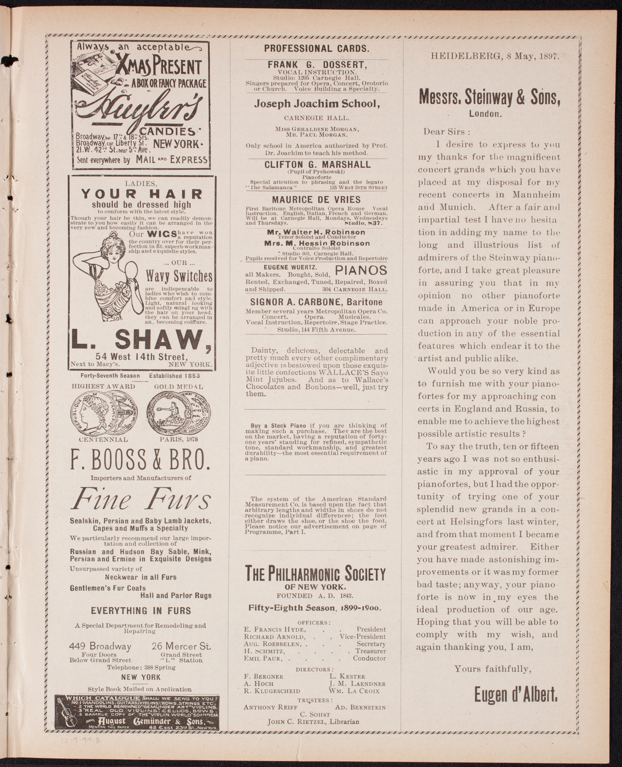 New York Philharmonic, December 9, 1899, program page 5