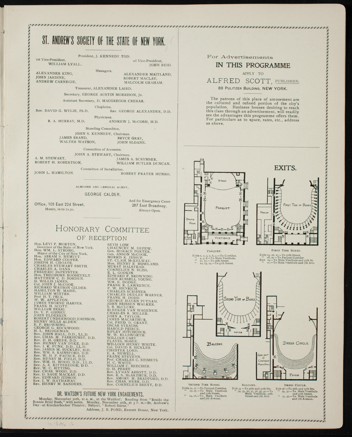 Lecture by Ian Maclaren (Rev. John Watson), October 13, 1896, program page 3