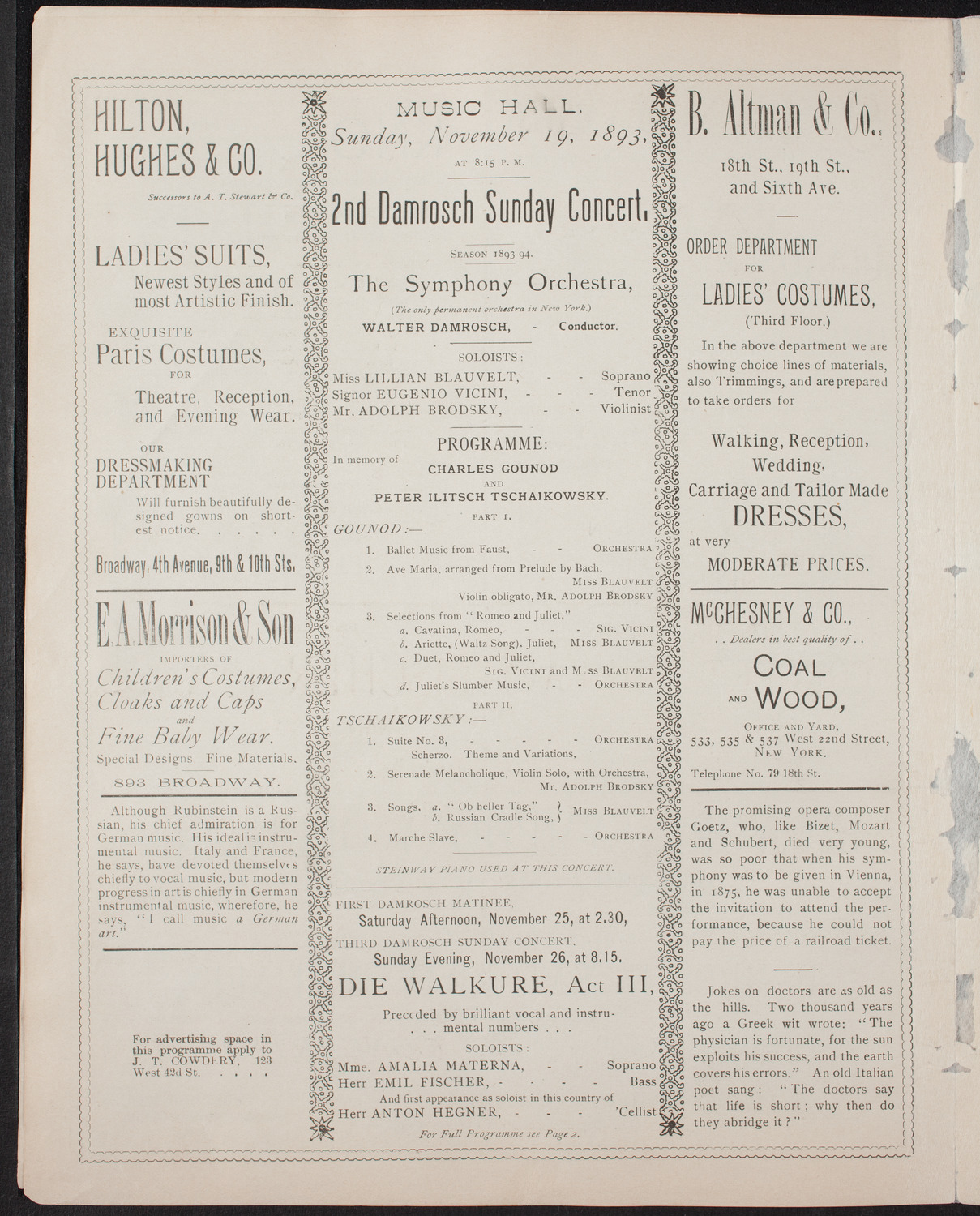 Damrosch Sunday Concert, November 19, 1893, program page 4