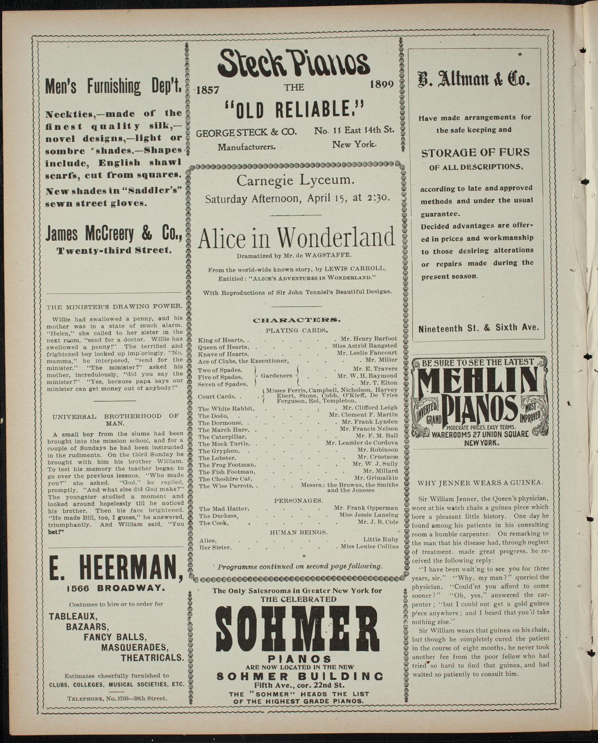 Alice in Wonderland, April 15, 1899, program page 4