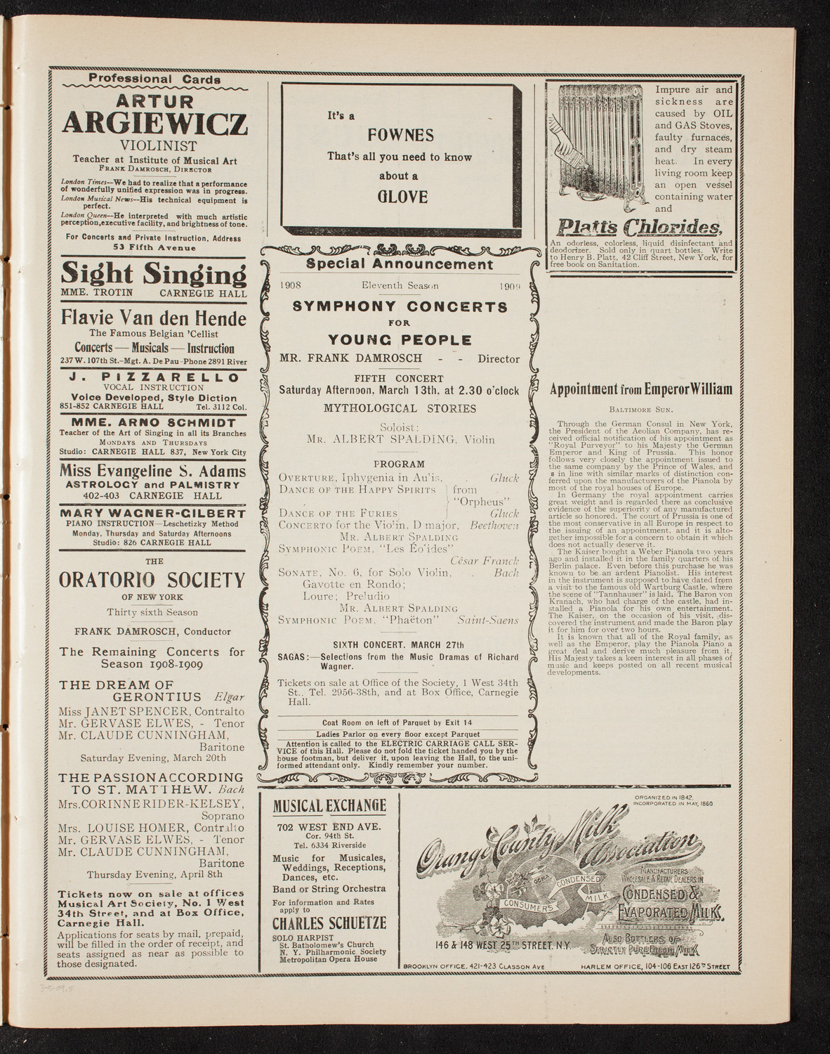 New York Philharmonic, March 5, 1909, program page 9
