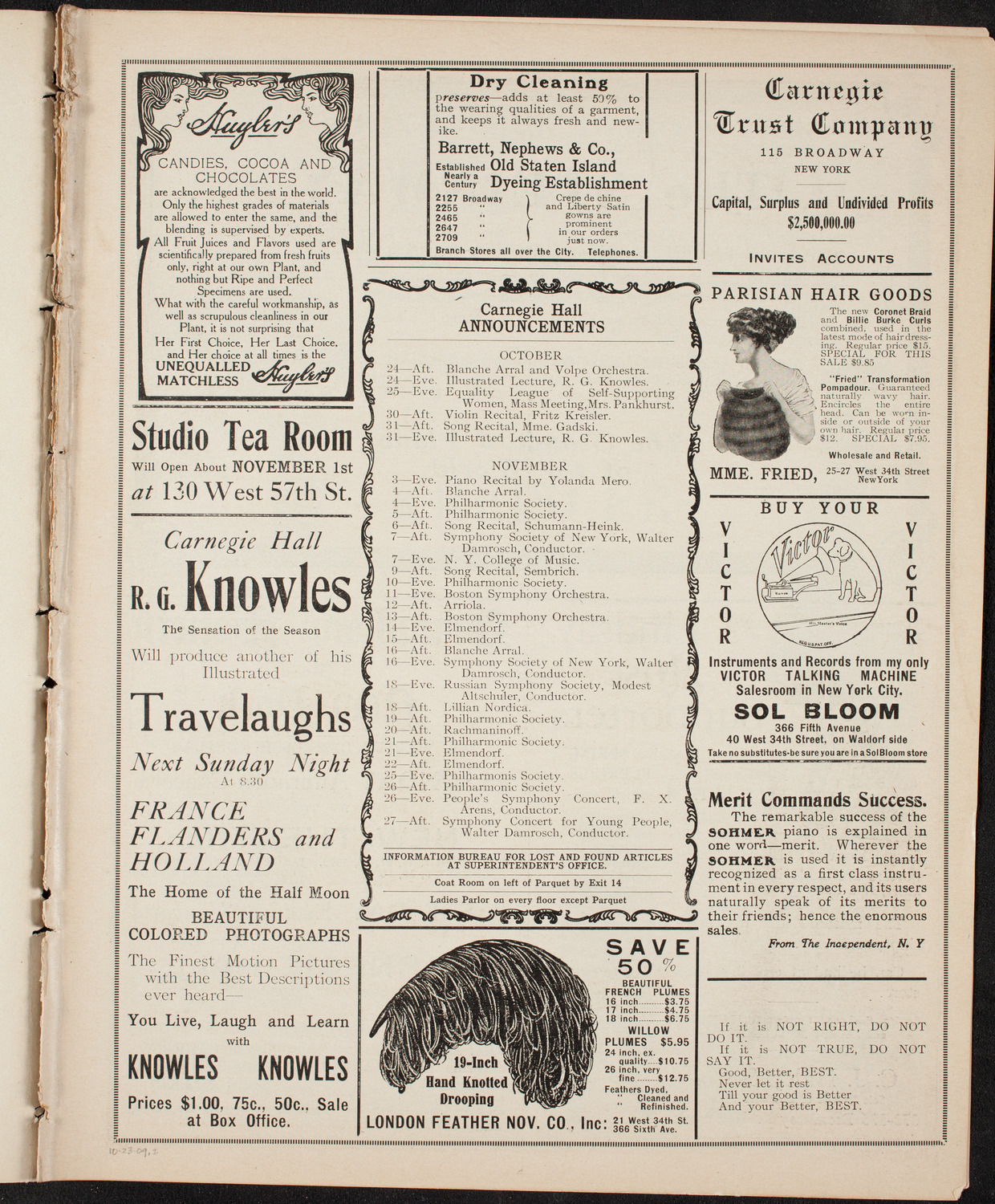Fritz Kreisler, Violin, October 23, 1909, program page 3