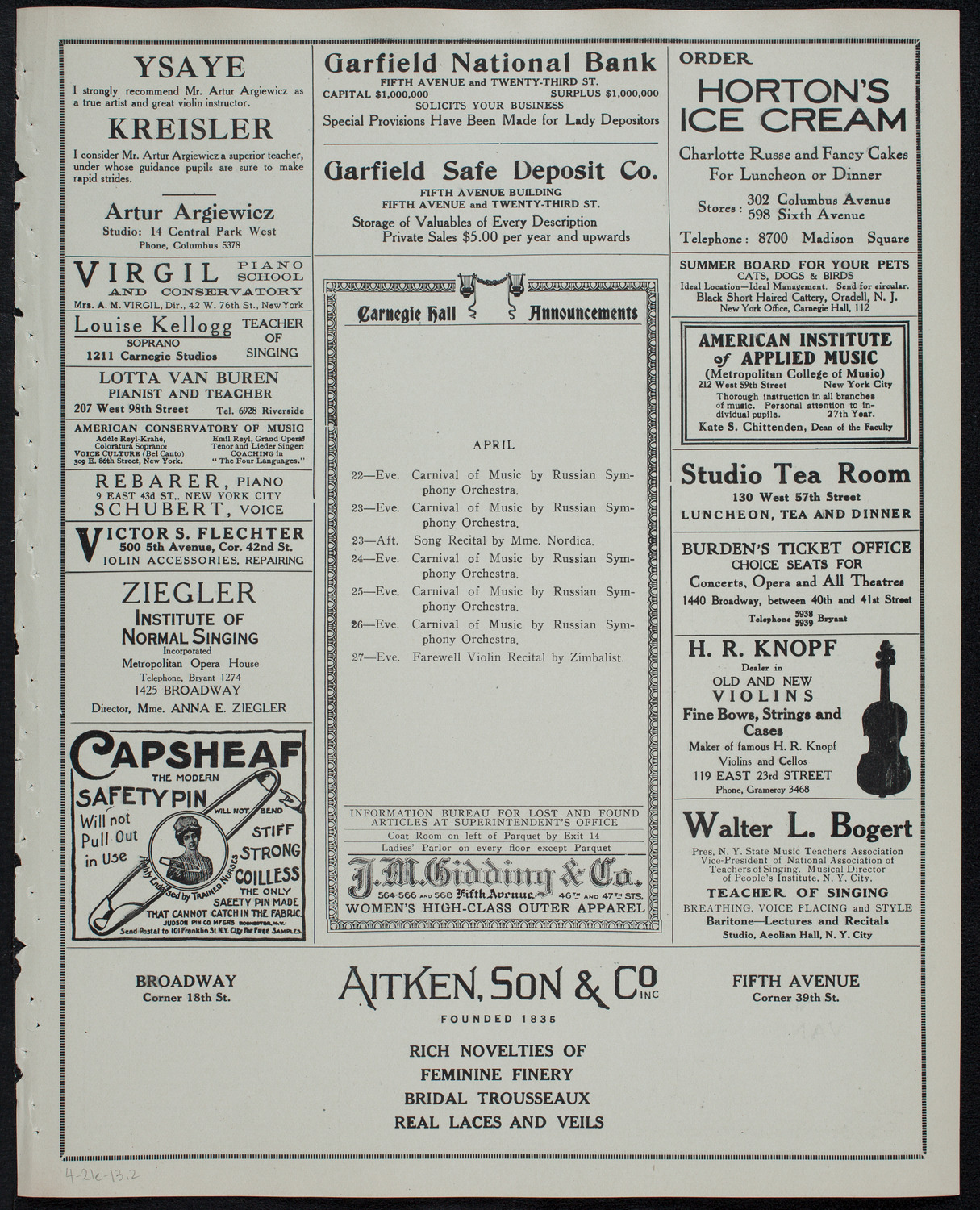 Russian Symphony Society of New York, April 21, 1913, program page 3