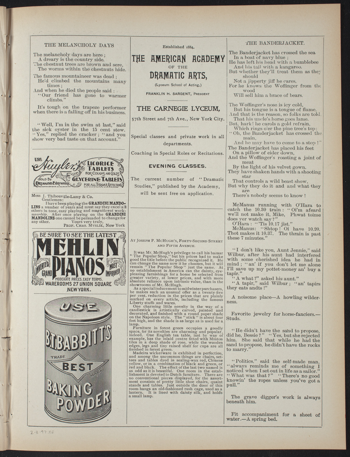 Marion: A Play in Five Acts, February 3, 1897, program page 7