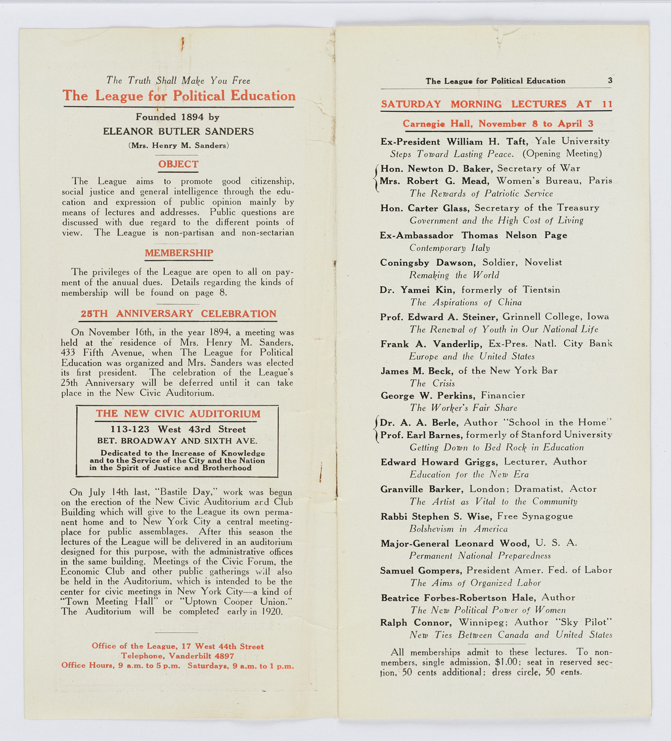 The League for Political Education, Program of Lectures, December 5, 1919