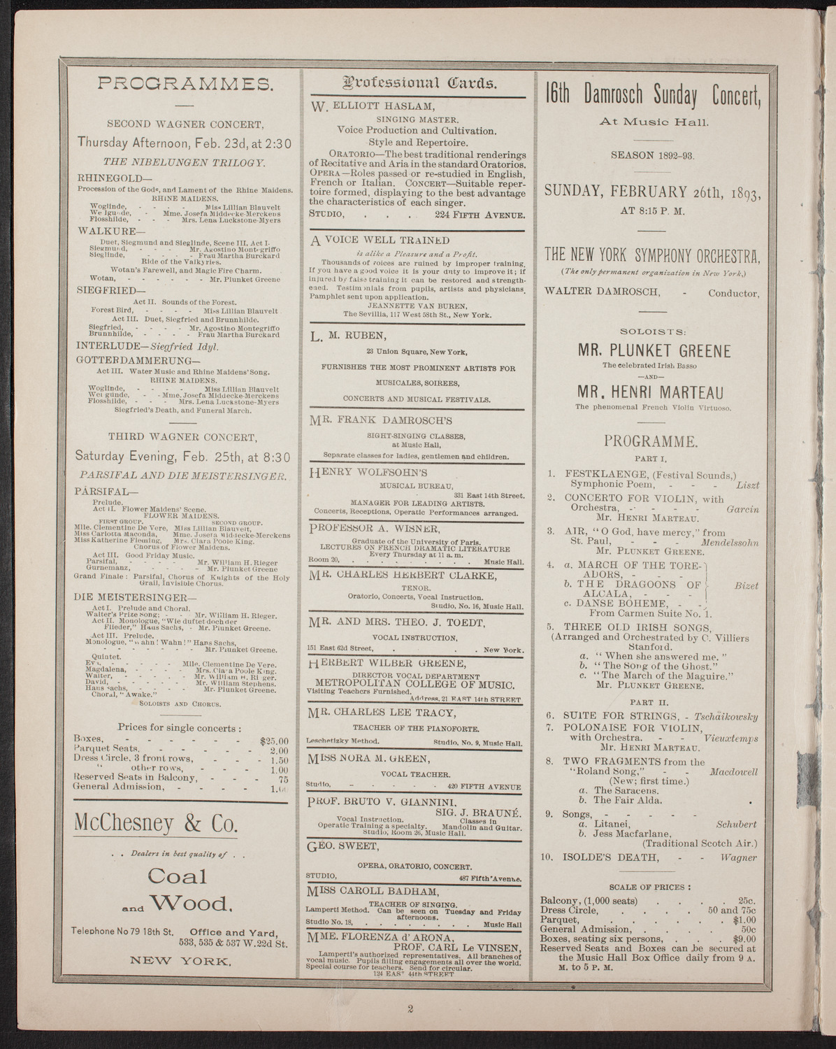 New York Banks' Glee Club, February 21, 1893, program page 2