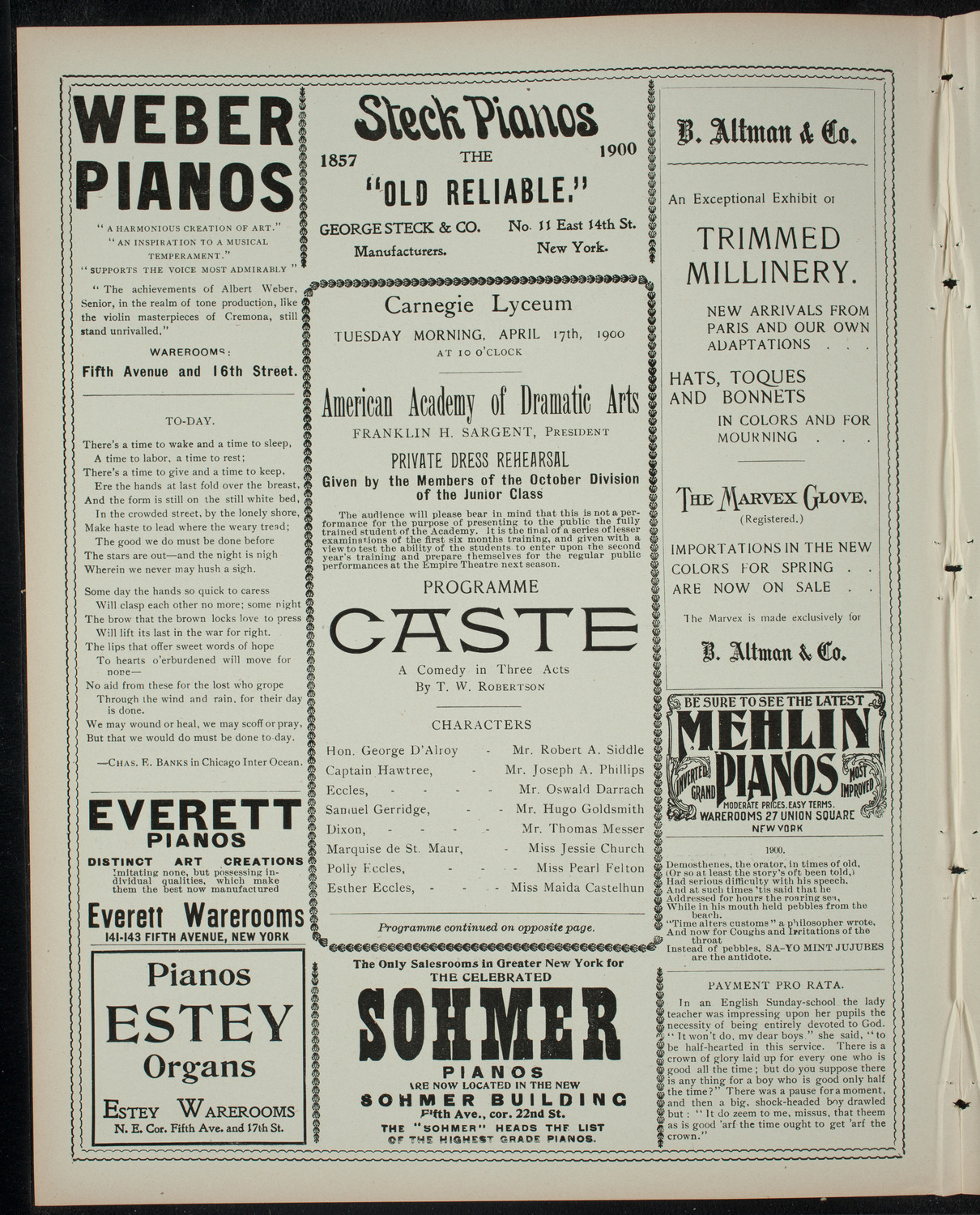 American Academy of Dramatic Arts Private Dress Rehearsal, April 17, 1900, program page 2