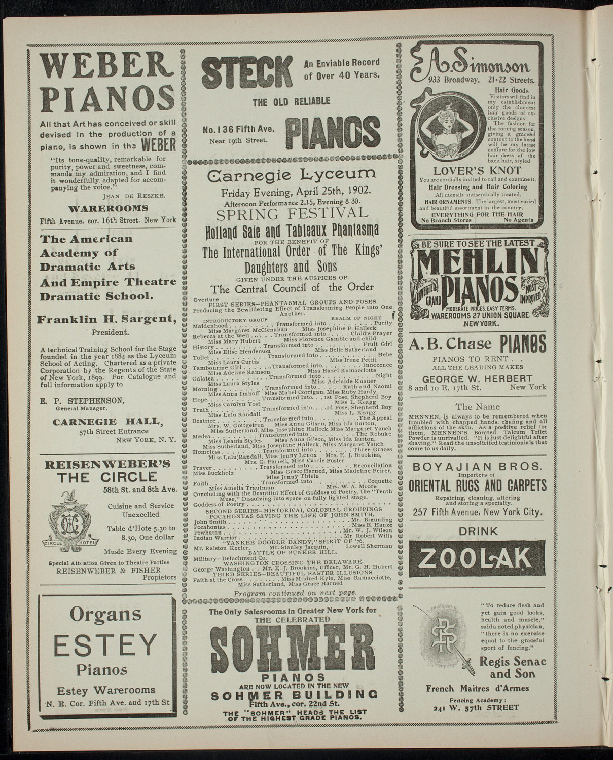 Benefit Performance for The International Order of the Kings' Daughters and Sons, April 25, 1902, program page 2