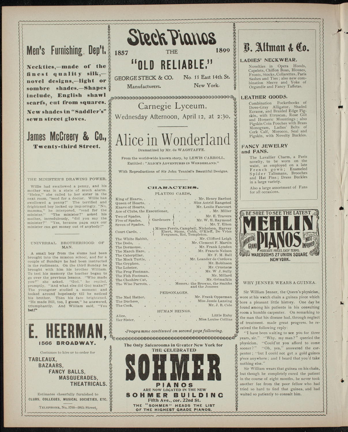 Alice in Wonderland, April 12, 1899, program page 4