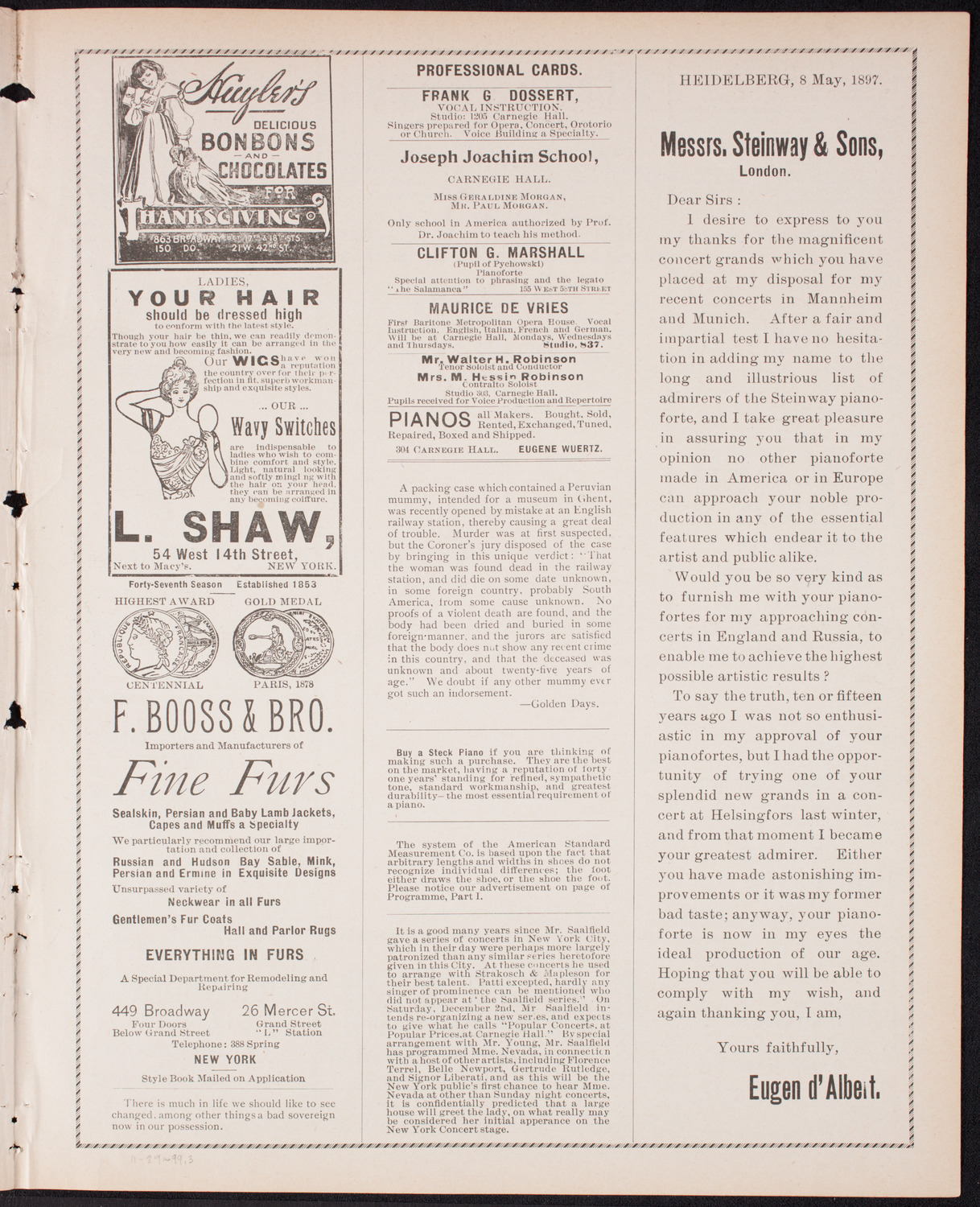 Benefit: German Hospital and Dispensary, November 29, 1899, program page 5