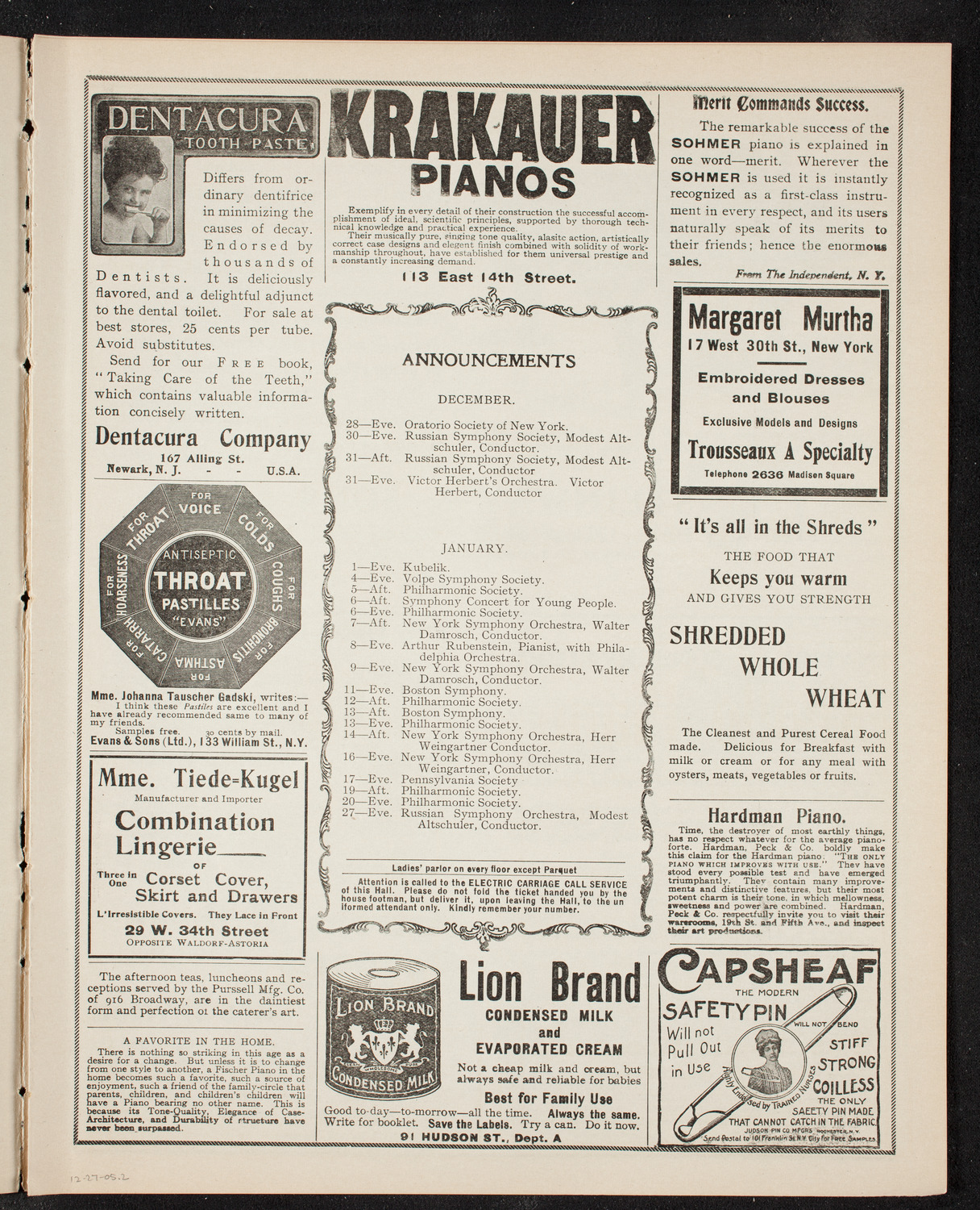 Oratorio Society of New York, December 27, 1905, program page 3