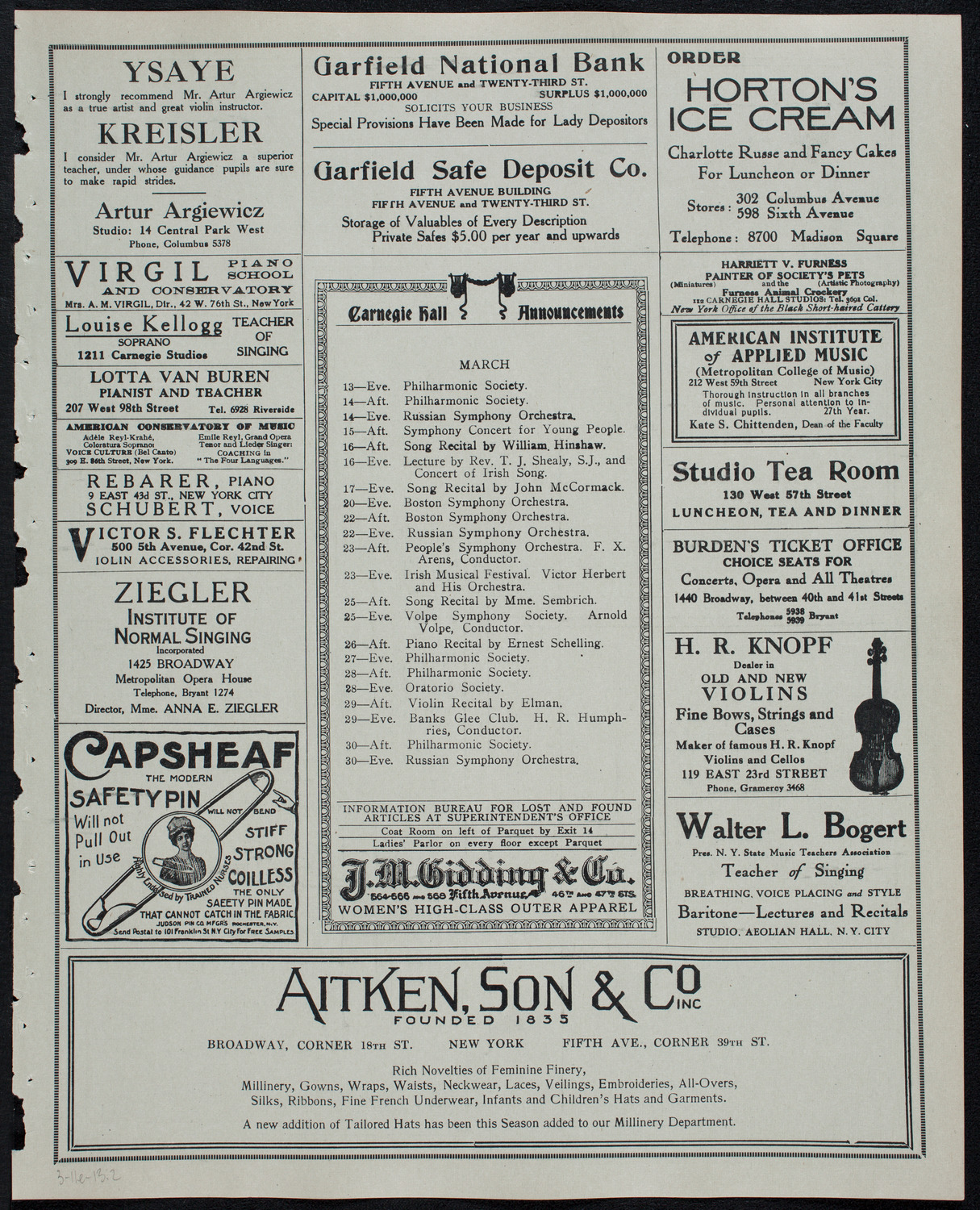 Musical Art Society of New York, March 11, 1913, program page 3