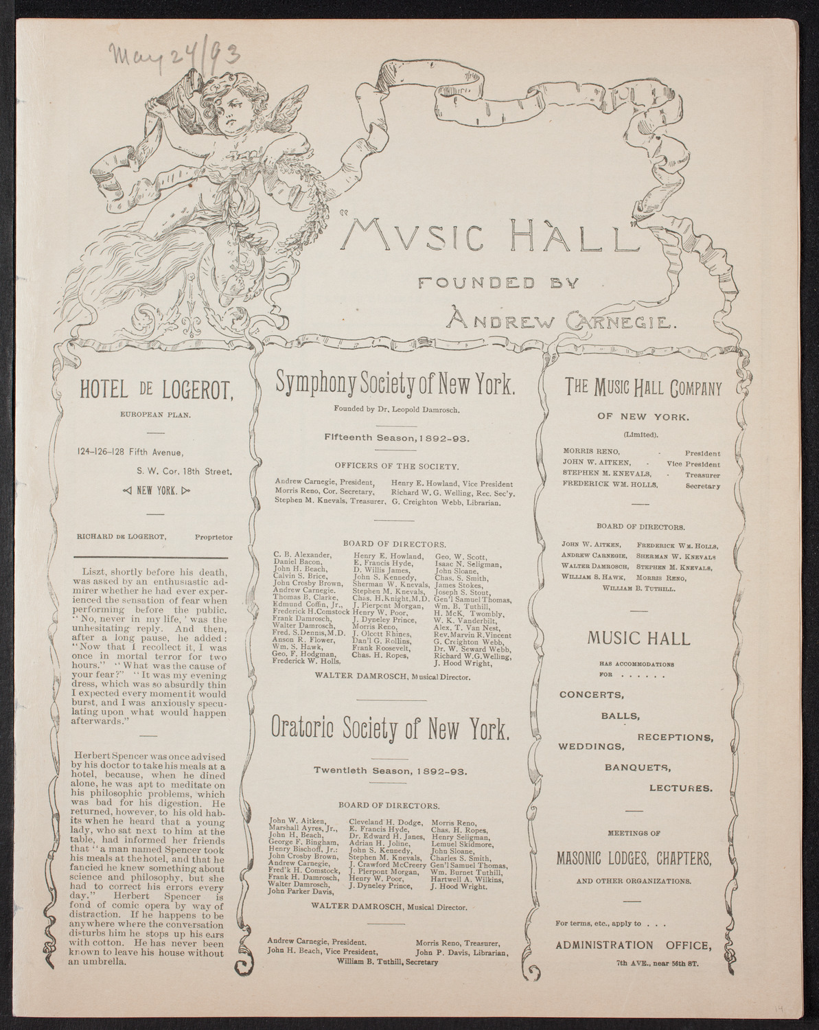 Amalia Materna/ New York Symphony Orchestra, May 24, 1893, program page 1