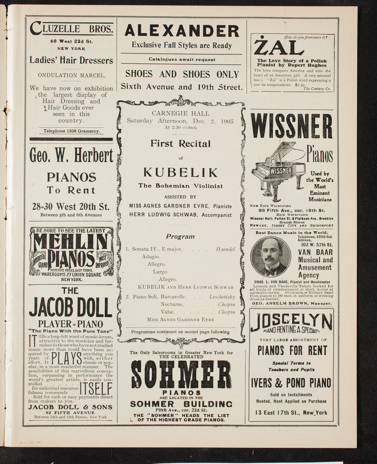 Jan Kubelik, Violin, December 2, 1905, program page 5