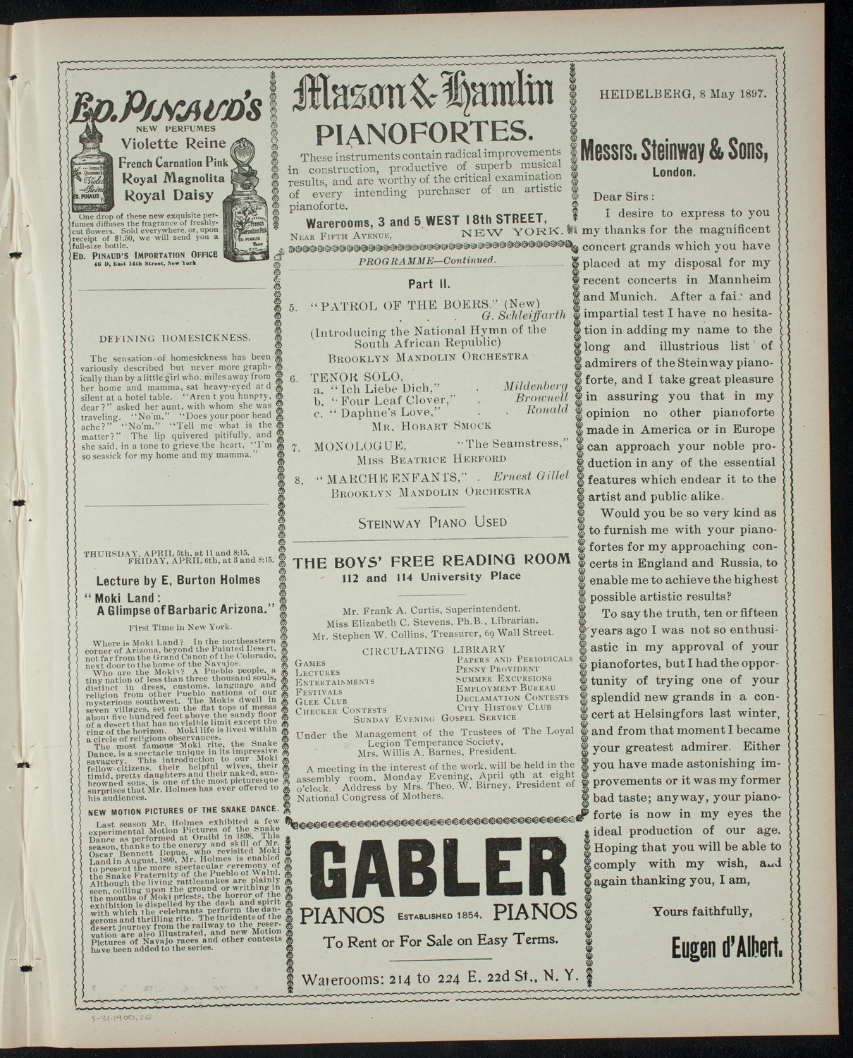 Benefit for the Boys' Free Reading Rooms featuring Beatrice Herford, March 31, 1900, program page 3