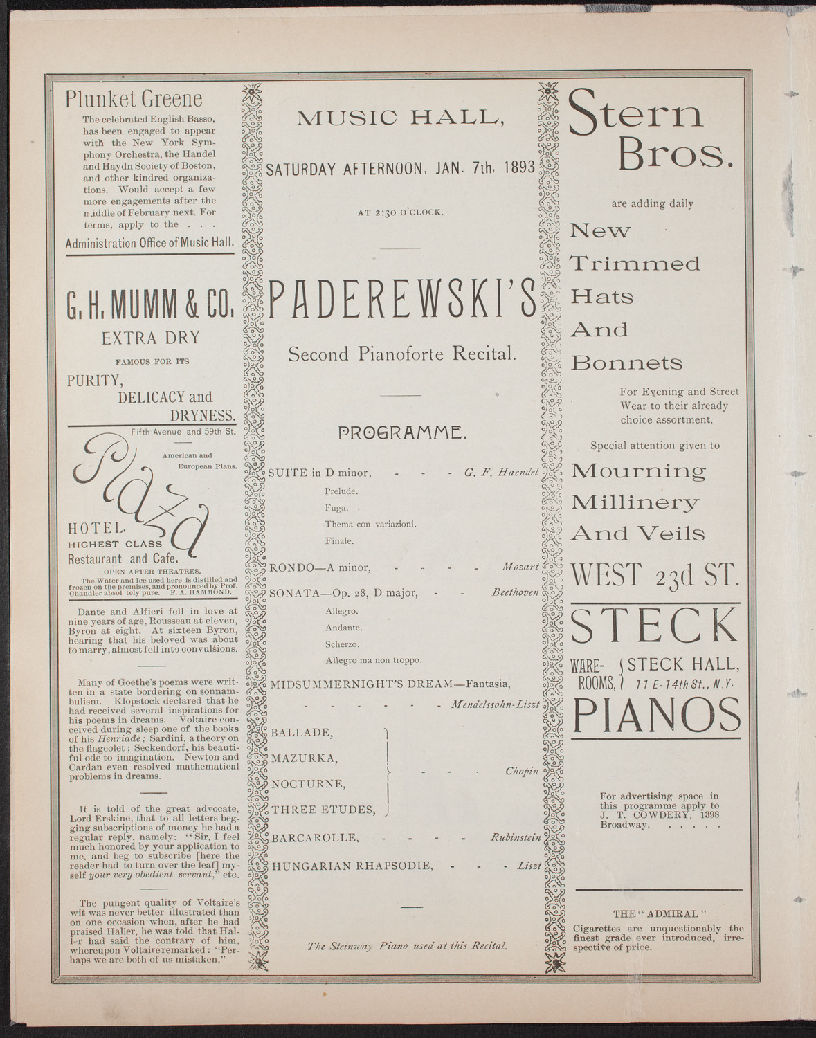Ignacy Jan Paderewski, Piano, January 7, 1893, program page 4