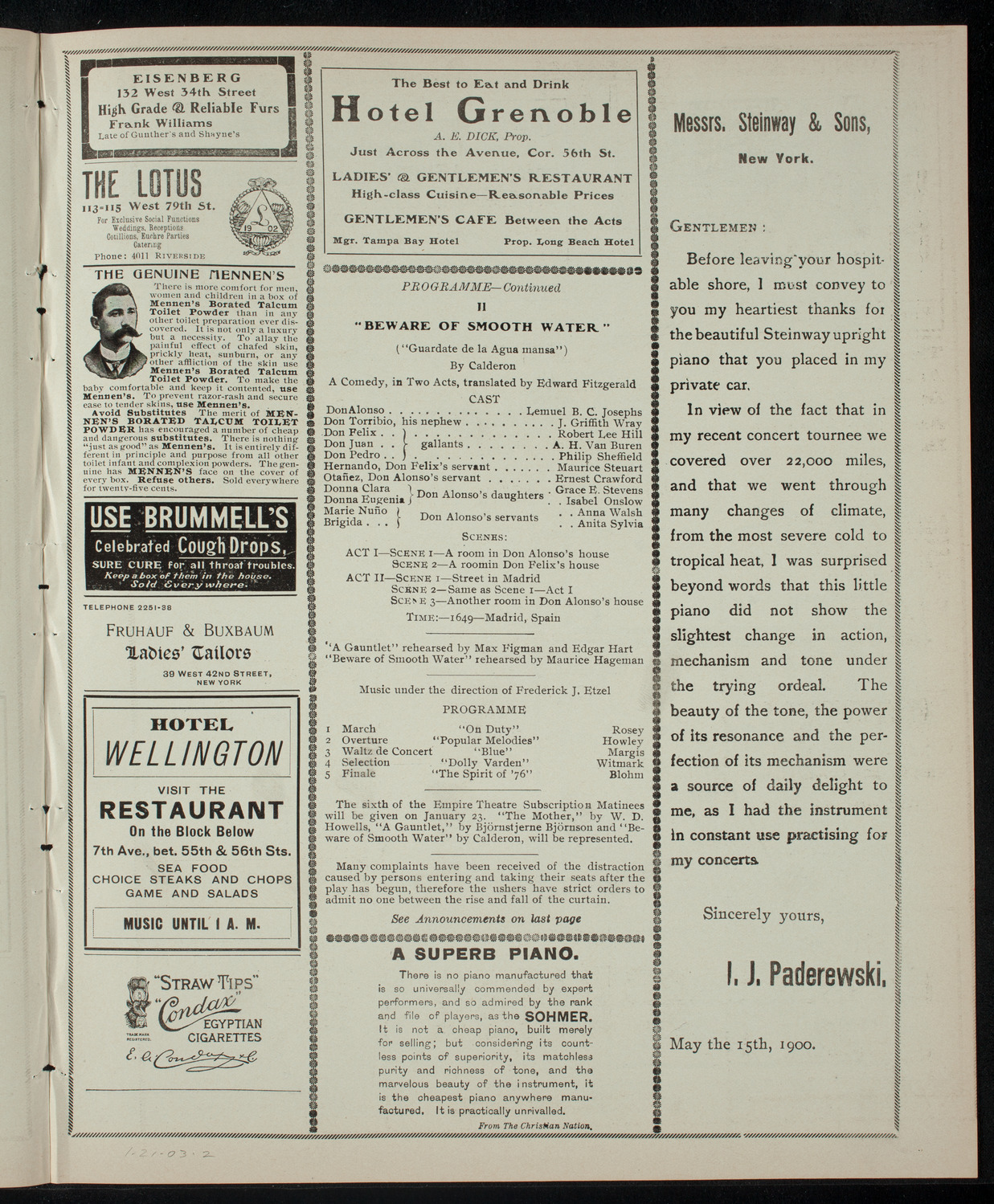 Academy Stock Company of the American Academy of Dramatic Arts/Empire Theatre Dramatic School, January 21, 1903, program page 3