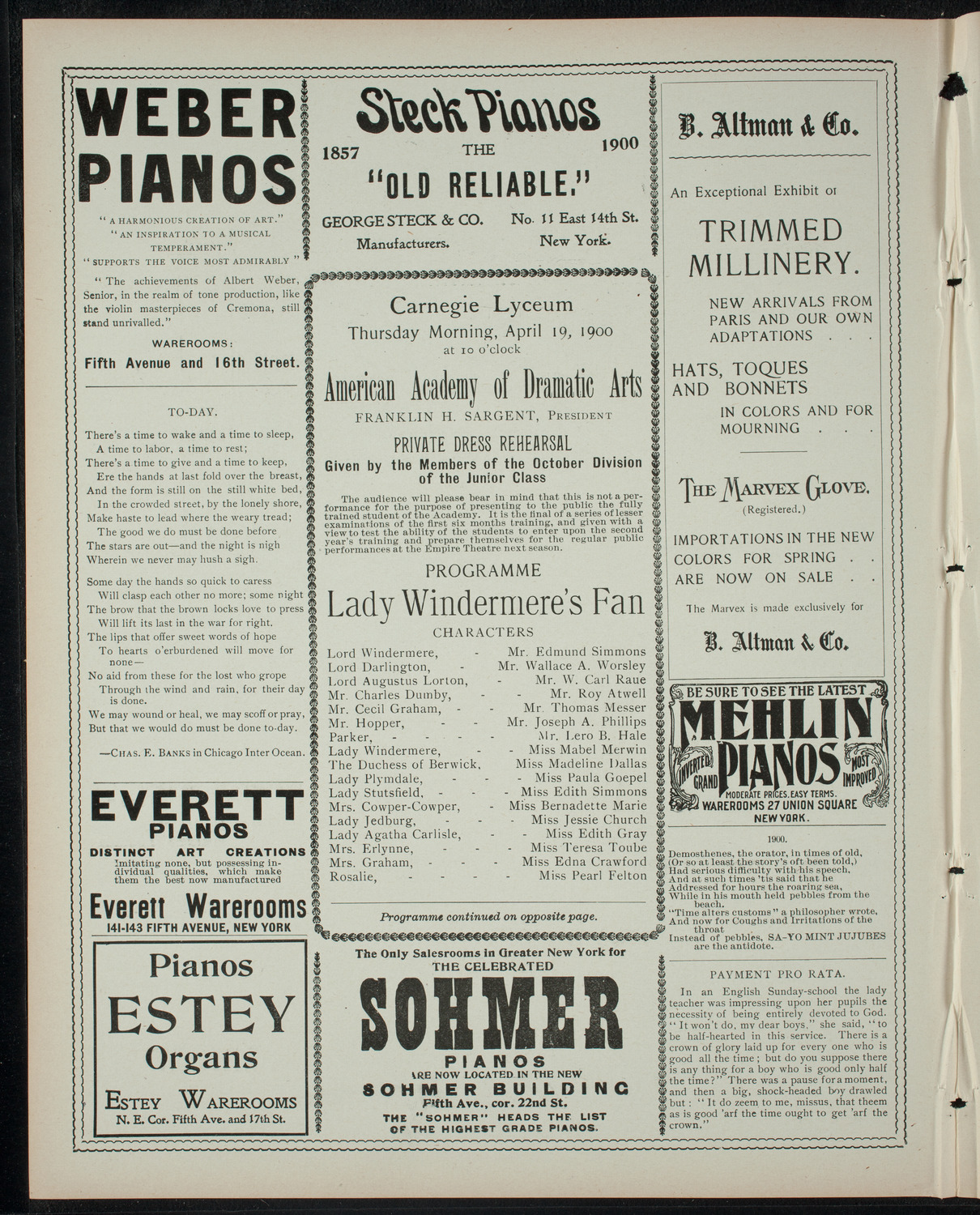 American Academy of Dramatic Arts Private Dress Rehearsal, April 19, 1900, program page 2