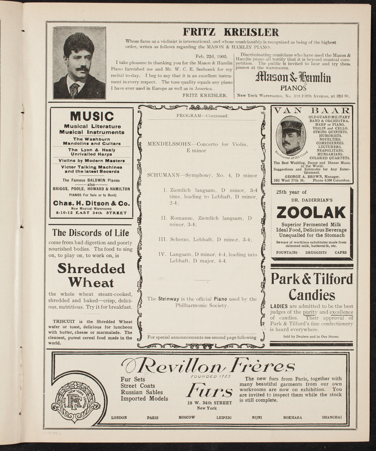 New York Philharmonic, December 29, 1909, program page 7