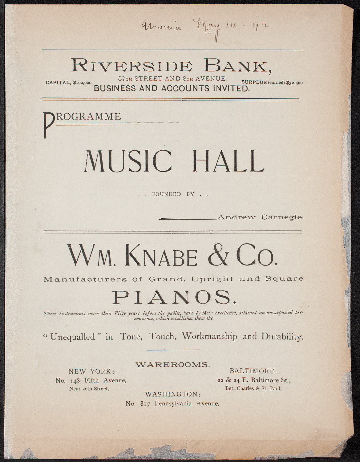 Urania Scientific Theatre, May 14, 1892, program page 1