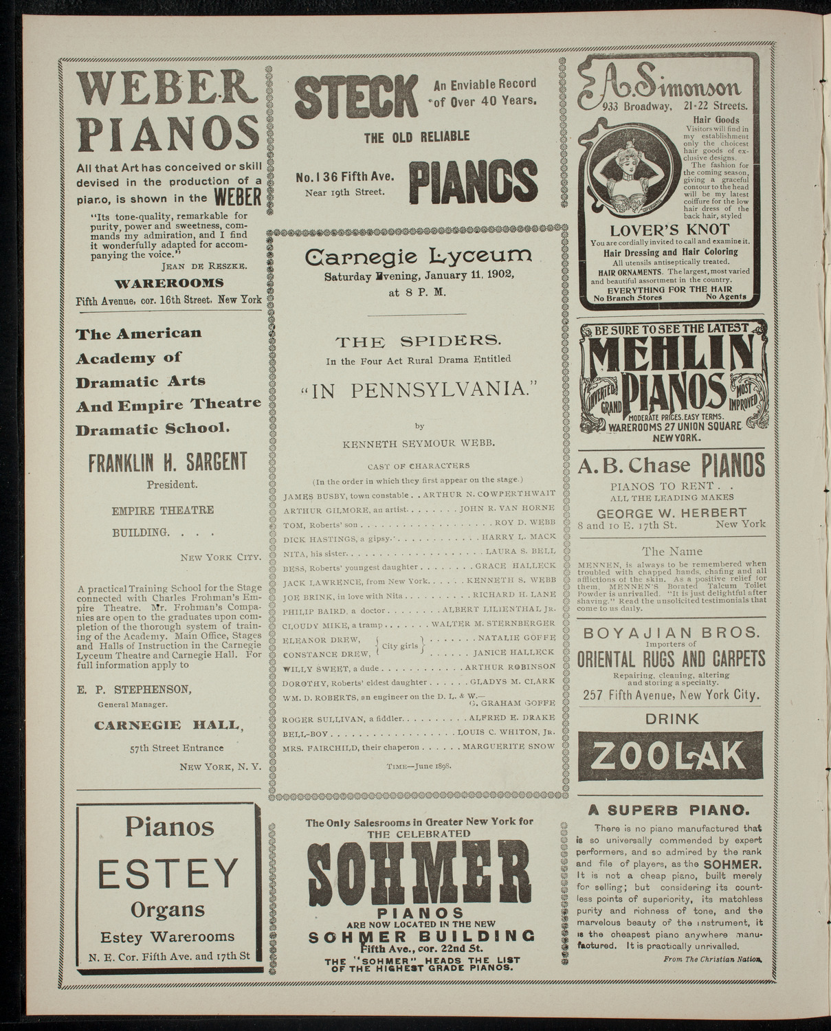 Theatrical Performance by The Spiders, January 11, 1902, program page 2