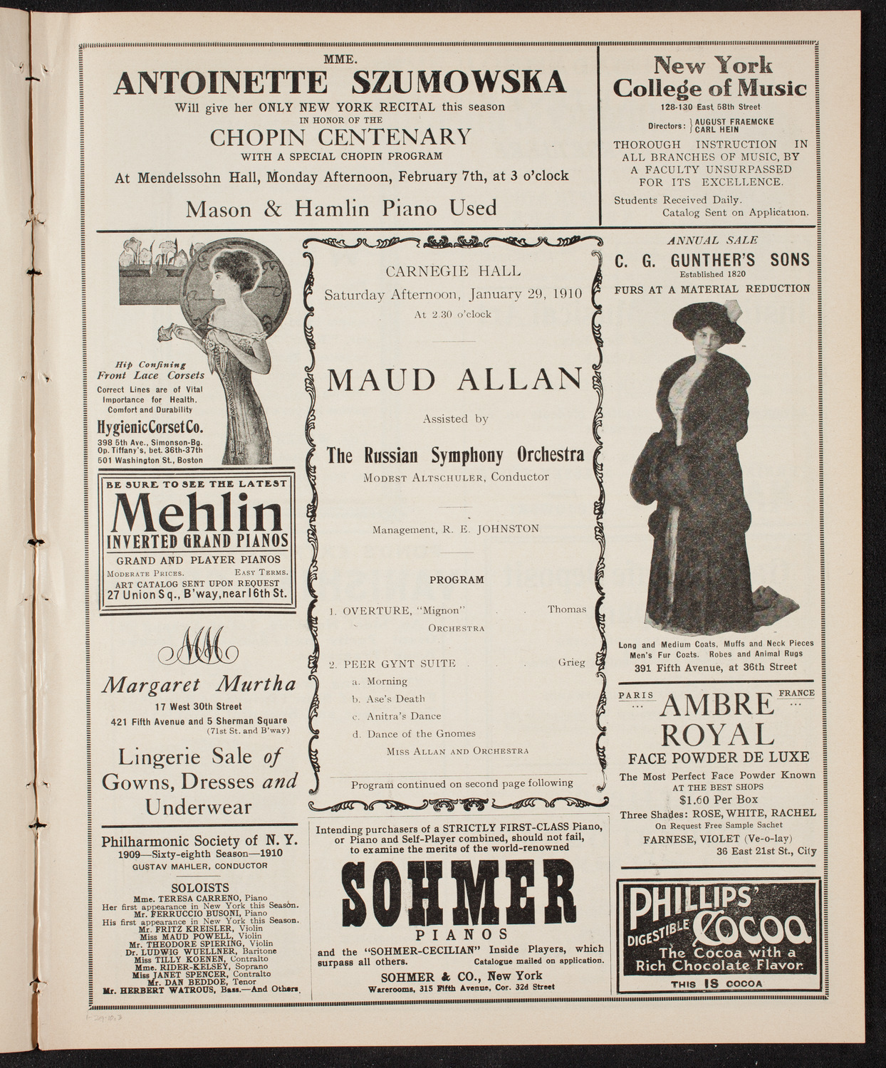 Maud Allan with The Russian Symphony Orchestra, January 29, 1910, program page 5