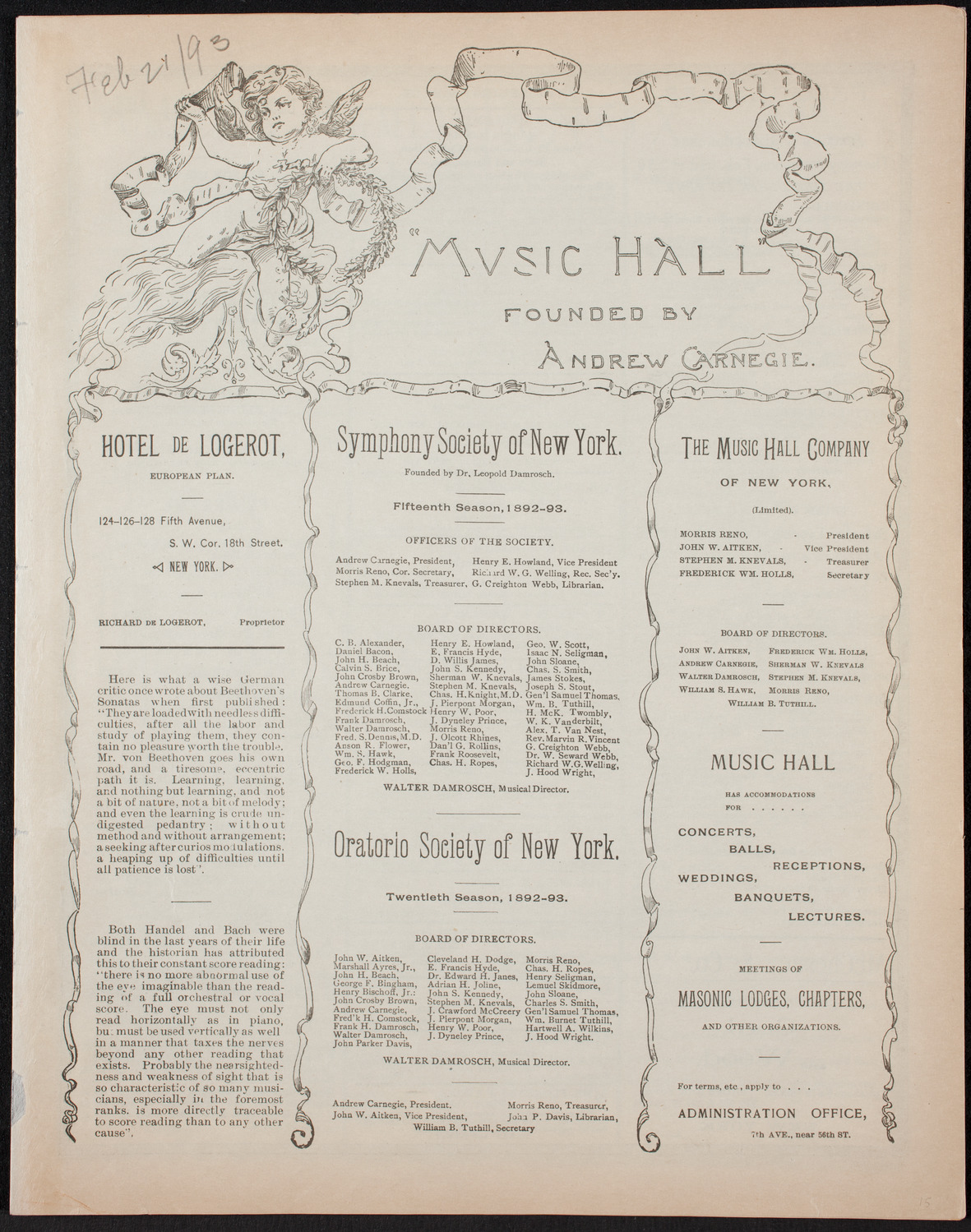 Grand Wagner Concert to Benefit the Orthopaedic Dispensary and Hospital, February 21, 1893, program page 1