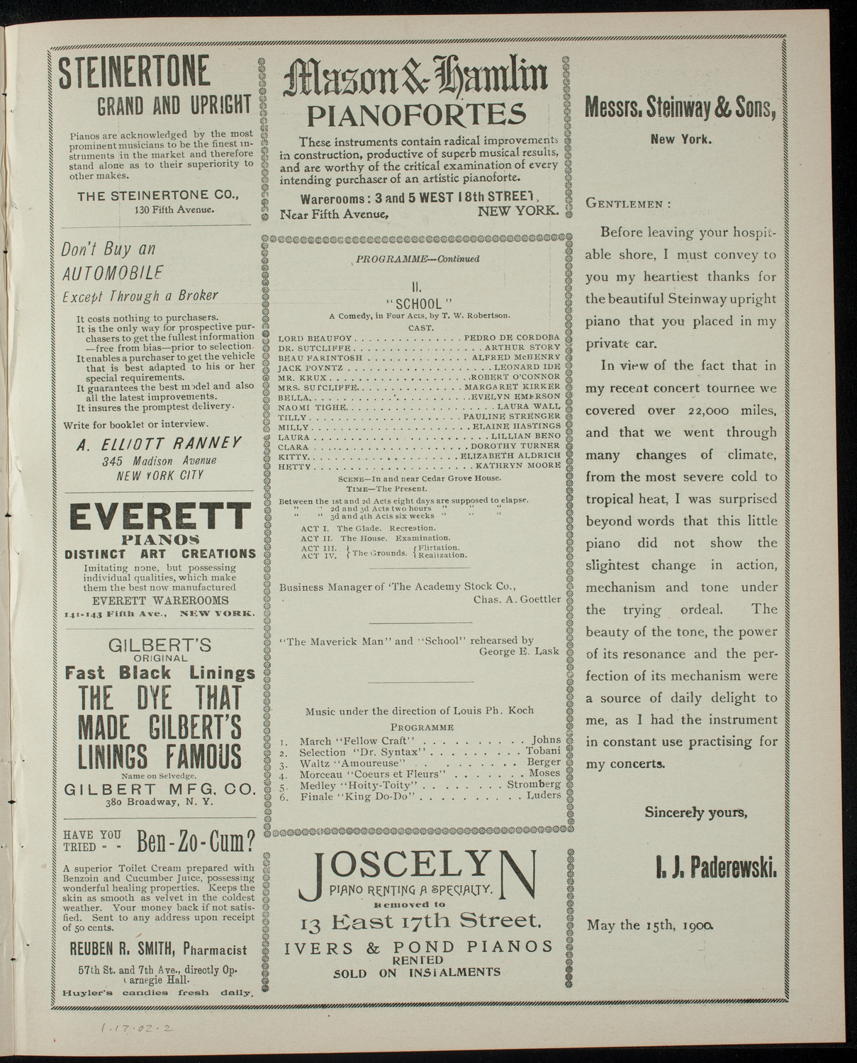 Academy Stock Company of the American Academy of Dramatic Arts and Empire Theatre Dramatic School, January 17, 1902, program page 3