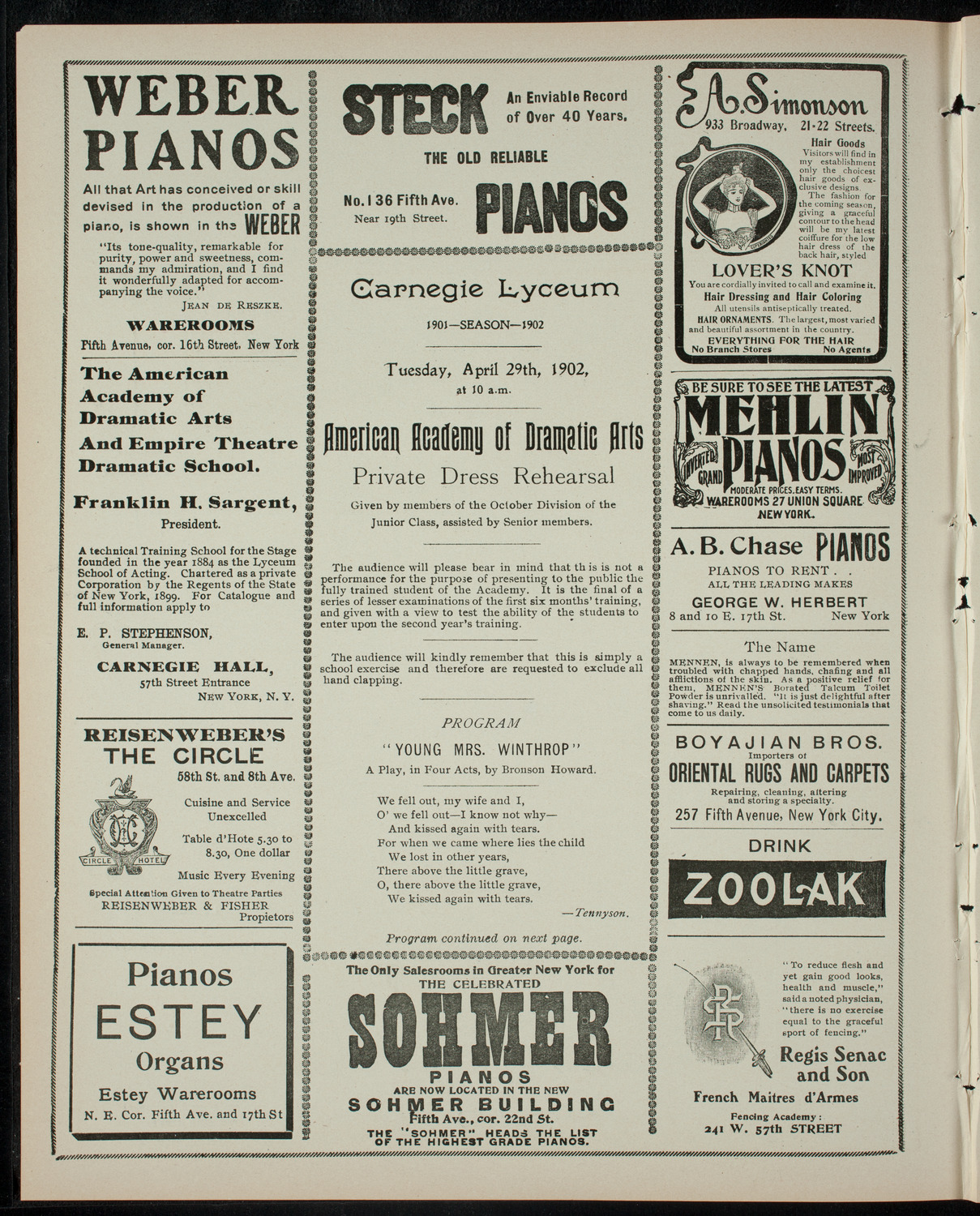 American Academy of the Dramatic Arts Private Dress Rehearsal, April 29, 1902, program page 2