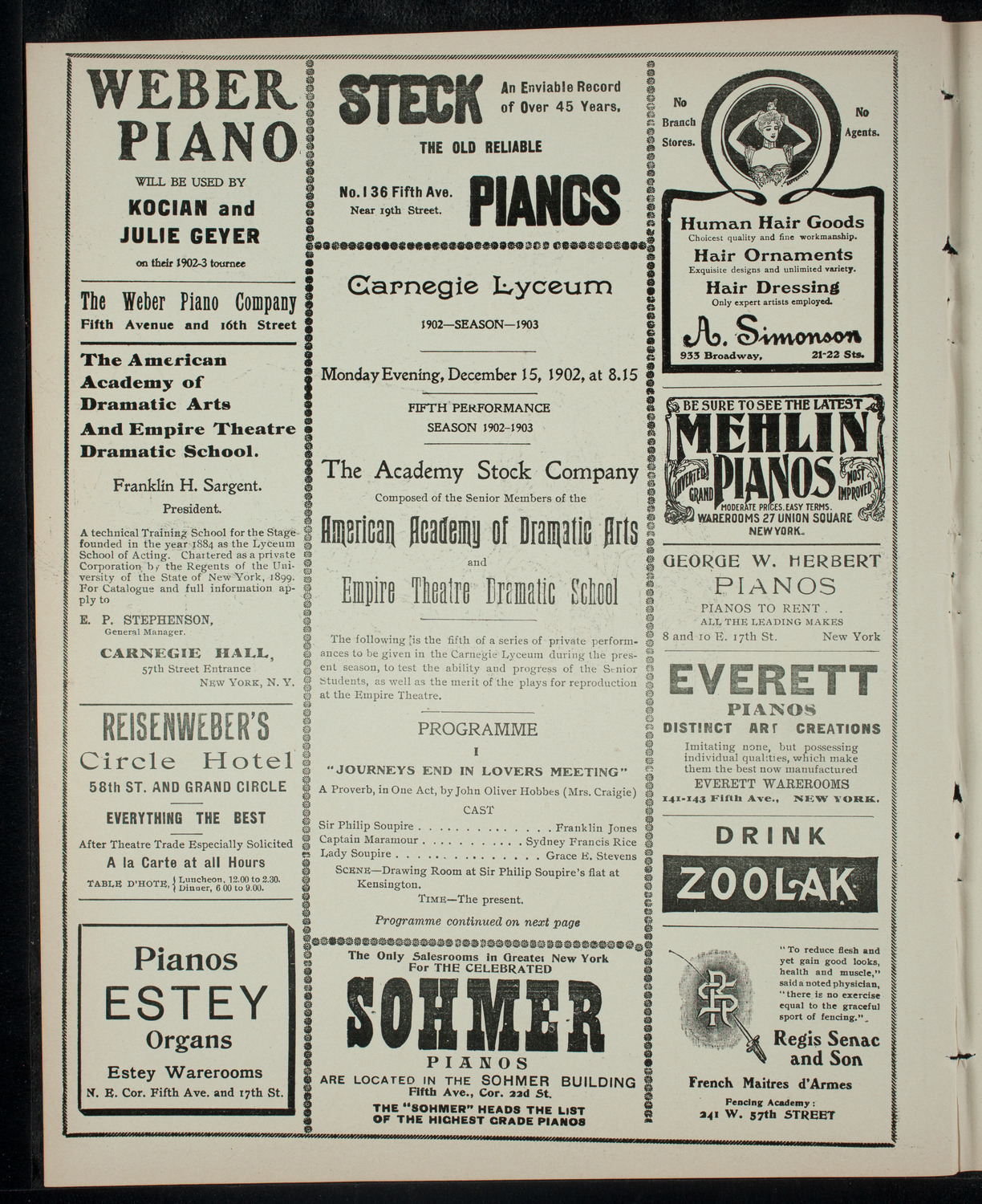 Academy Stock Company of the American Academy of Dramatic Arts/Empire Theatre Dramatic School, December 15, 1902, program page 2