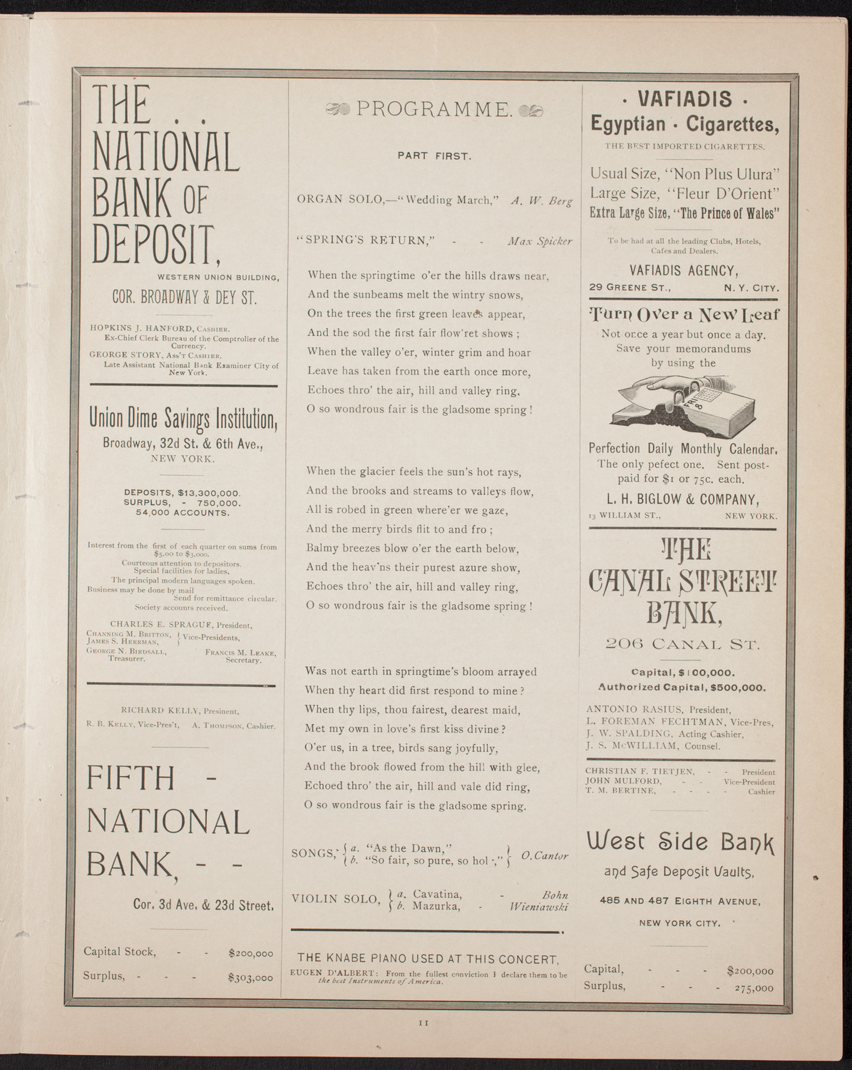 New York Banks' Glee Club, April 24, 1893, program page 11