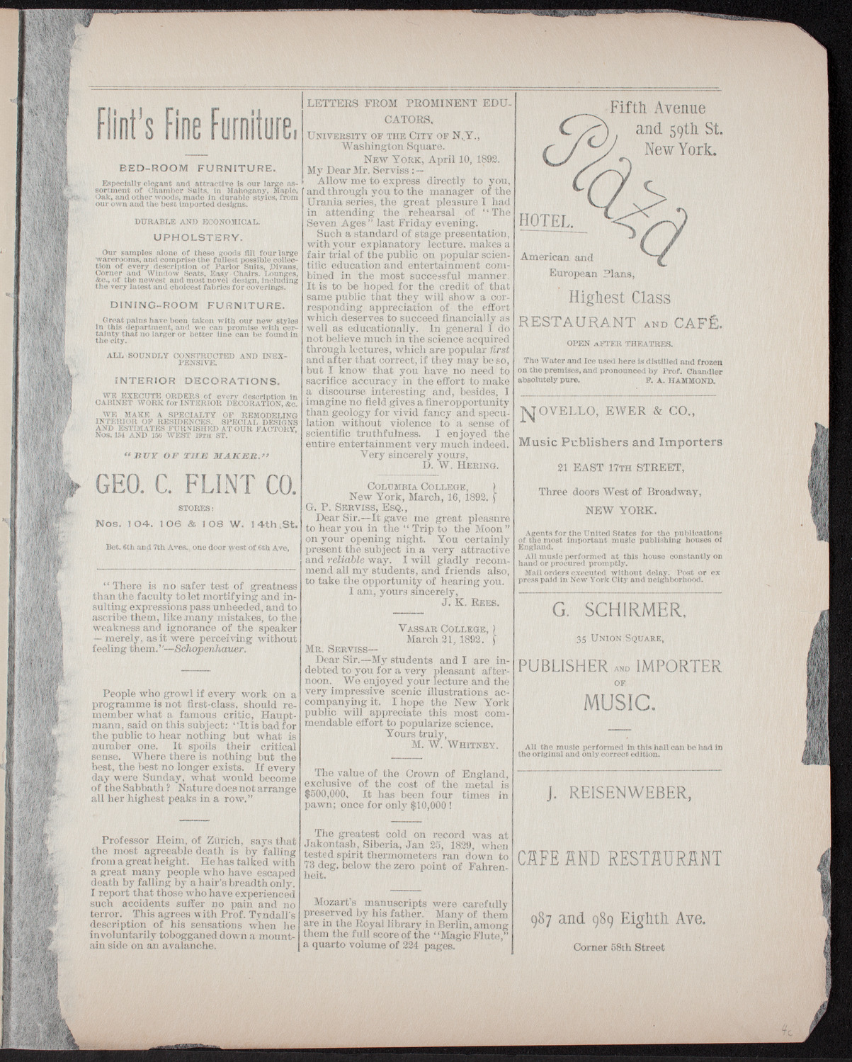 Urania Scientific Theatre, May 4, 1892, program page 7