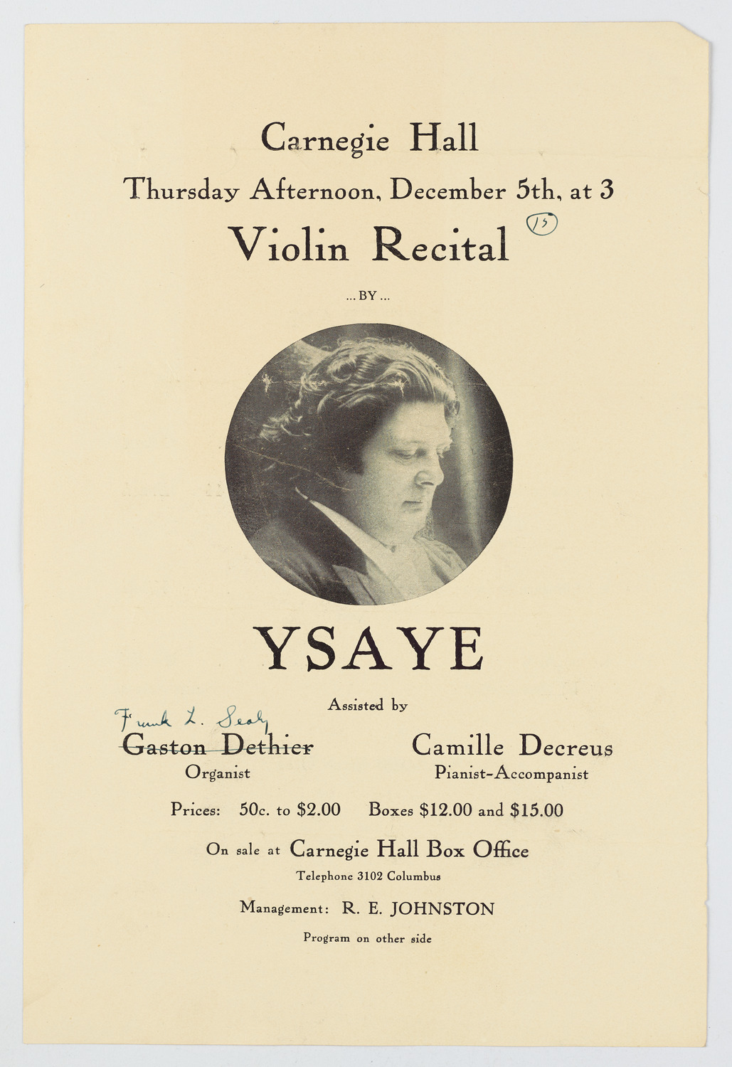 Eugène Ysaÿe, December 5, 1912