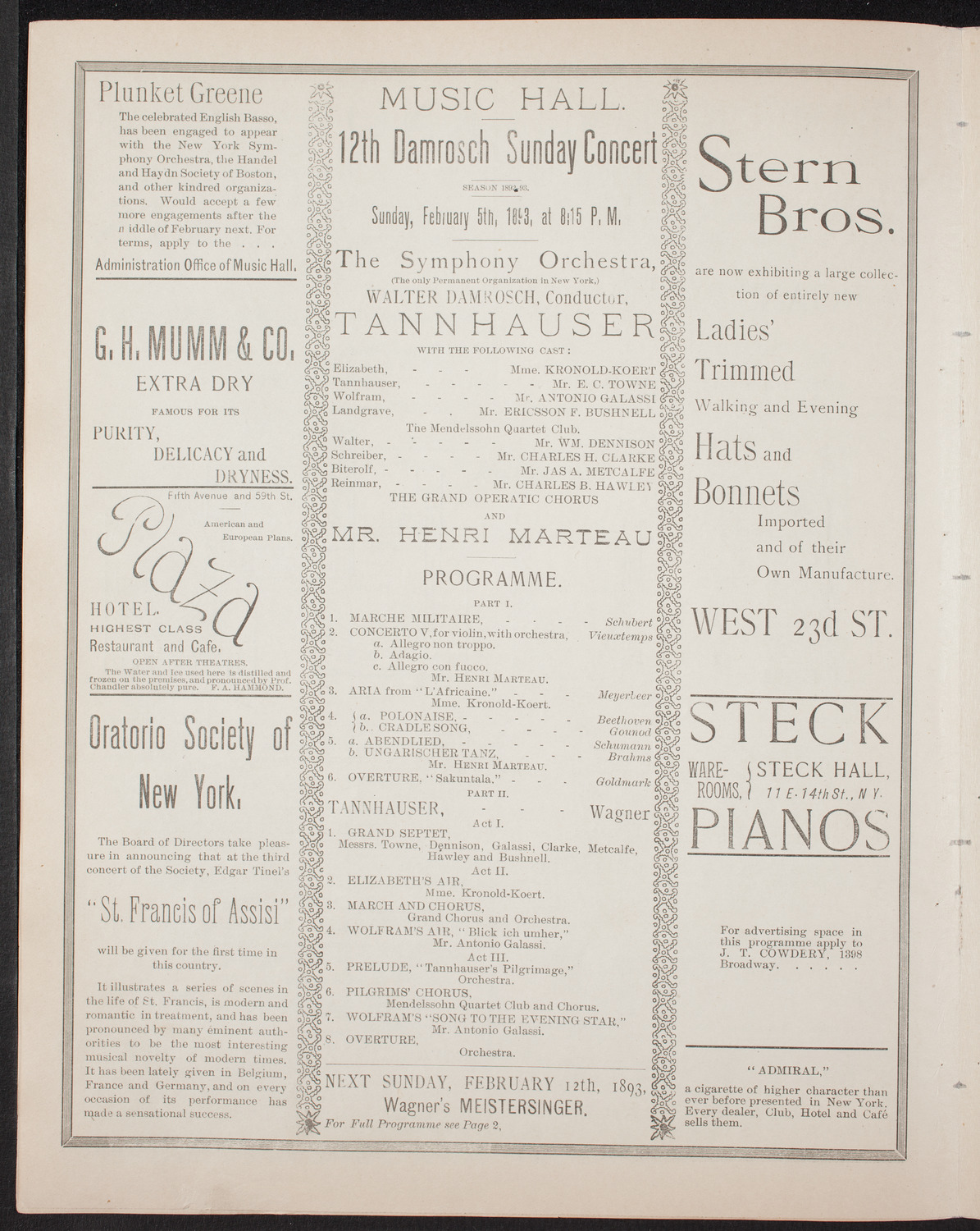 Damrosch Sunday Concert, February 5, 1893, program page 4