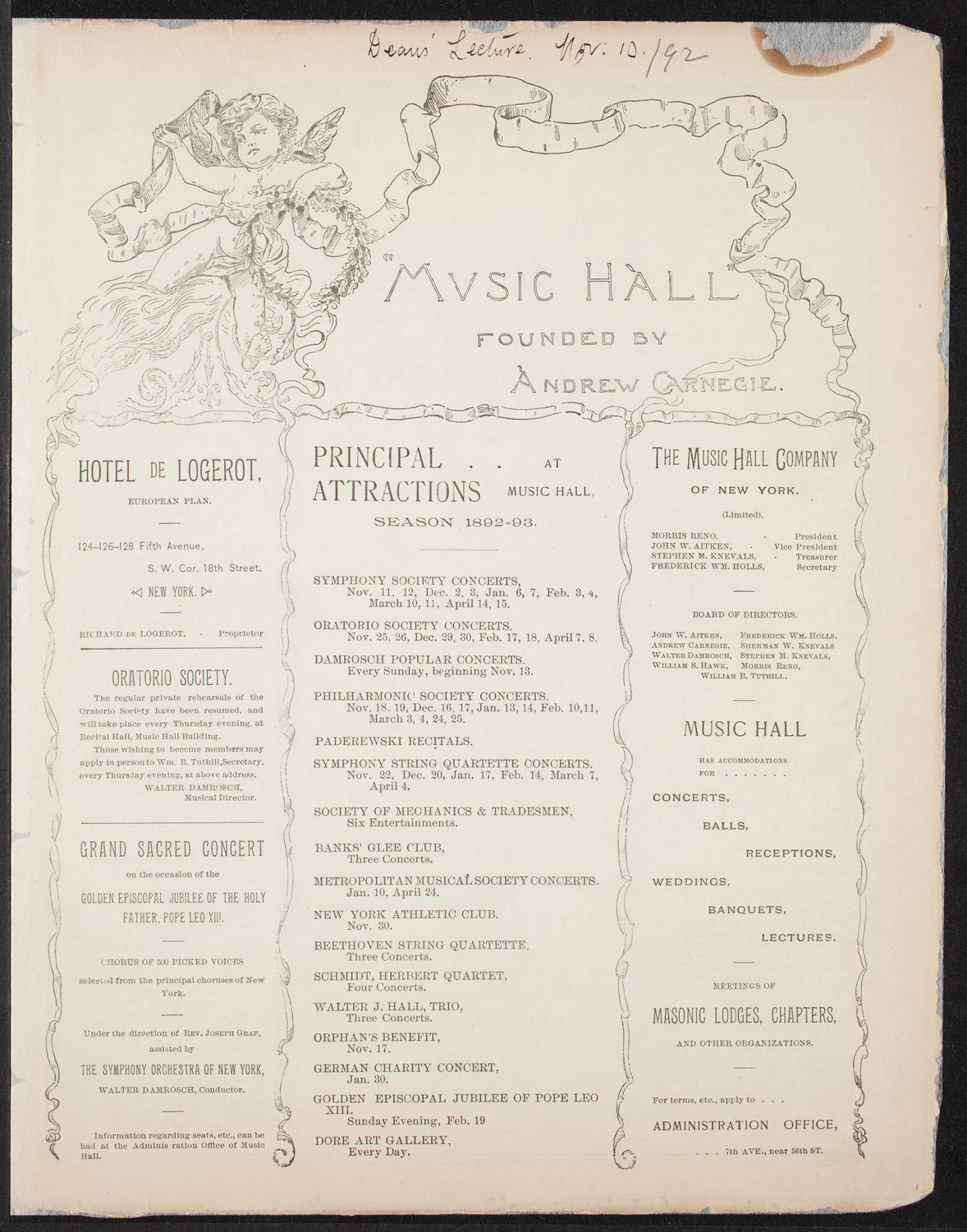 Frederic Dean Explanatory Lecture, November 10, 1892, program page 1