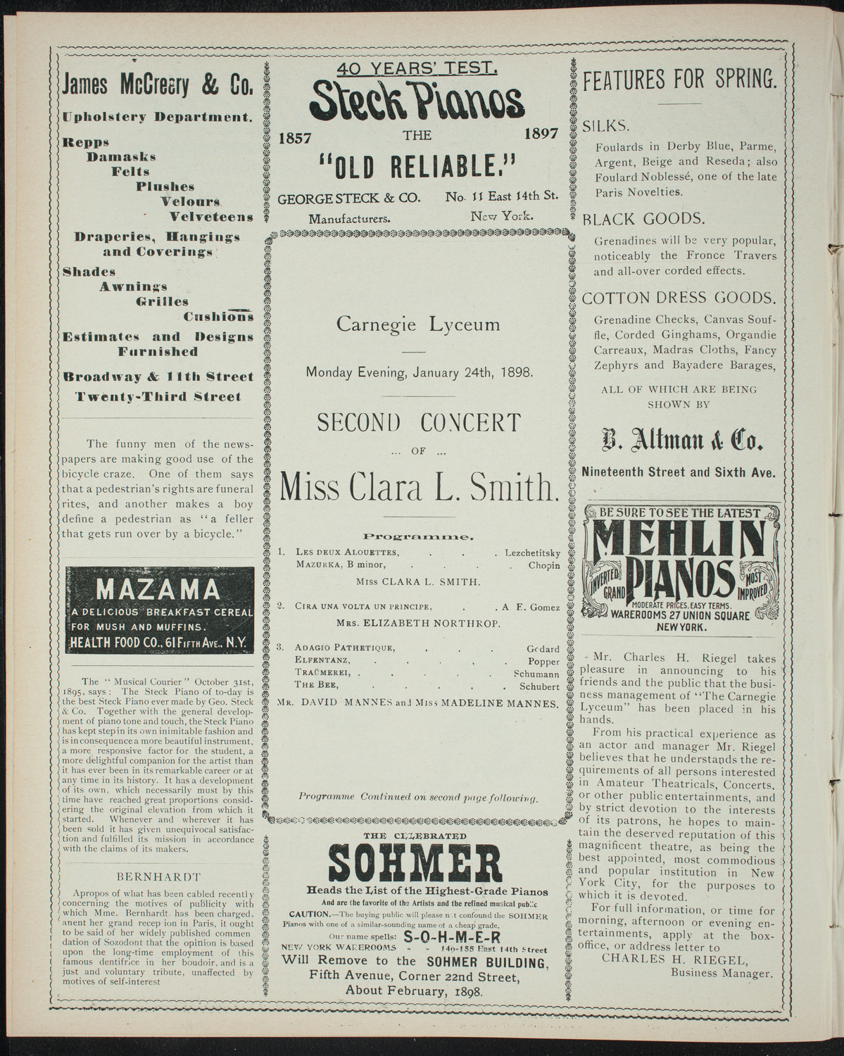 Clara L. Smith and Others, January 24, 1898, program page 4