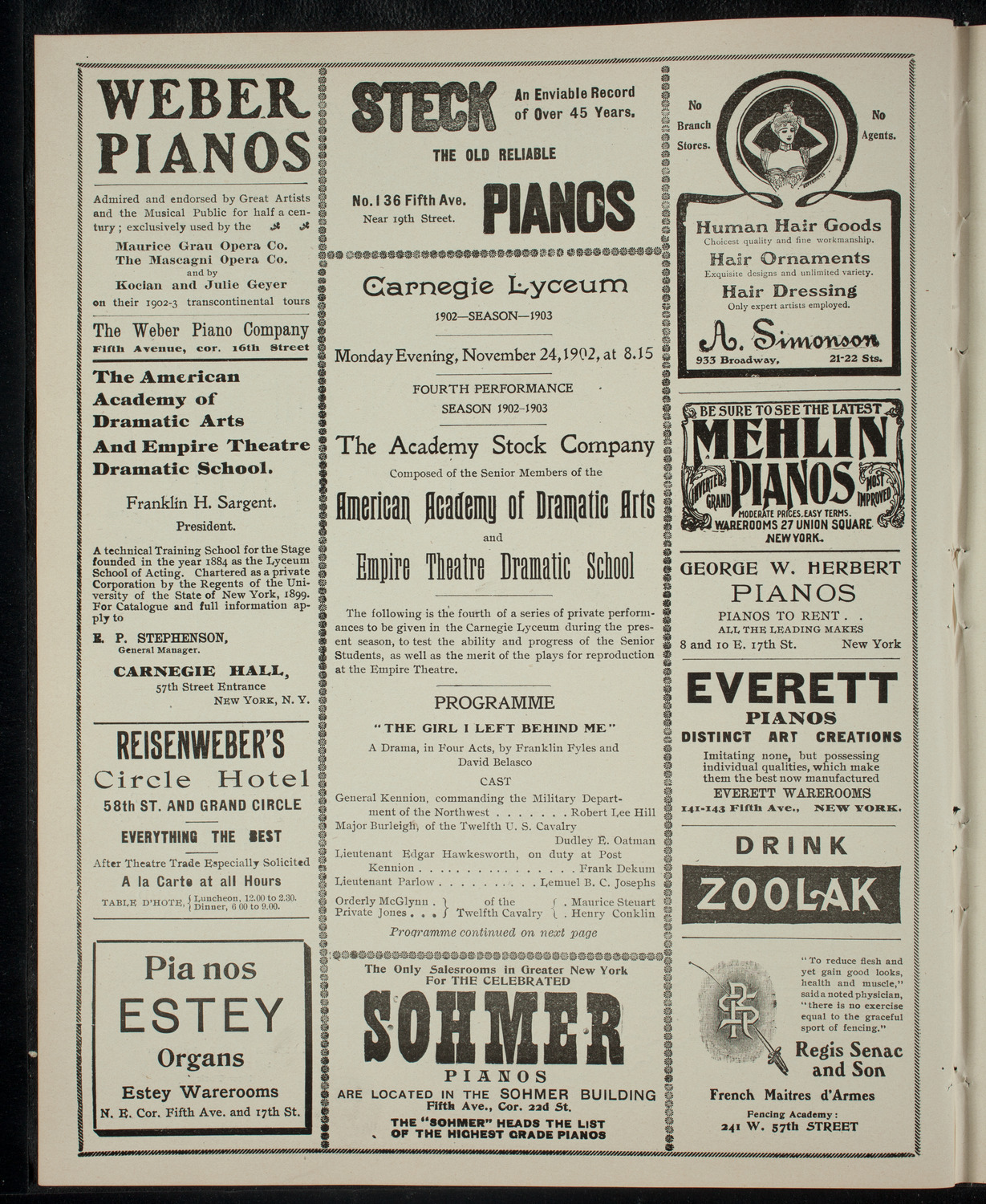 Academy Stock Company of the American Academy of Dramatic Arts/Empire Theatre Dramatic School, November 24, 1902, program page 2