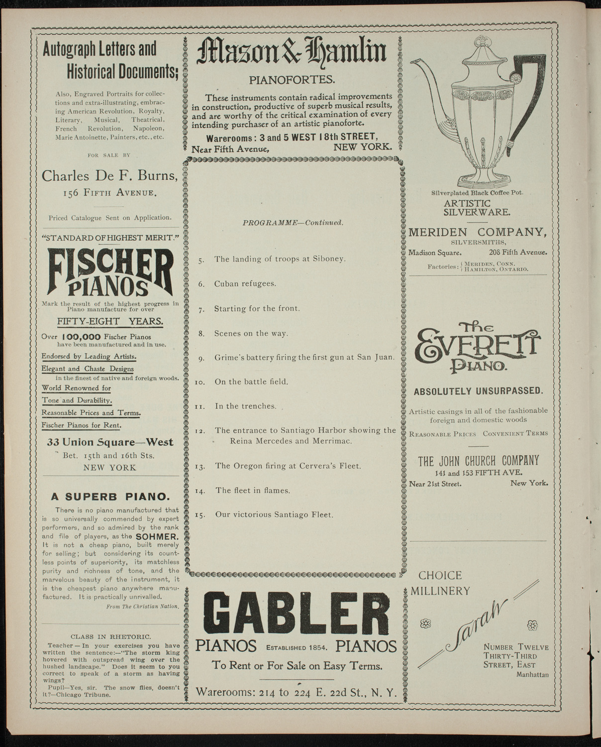 Elmendorf Lecture: The Santiago Campaign and Destruction of Cervera's Fleet (Benefit: Union Settlement), January 17, 1899, program page 4