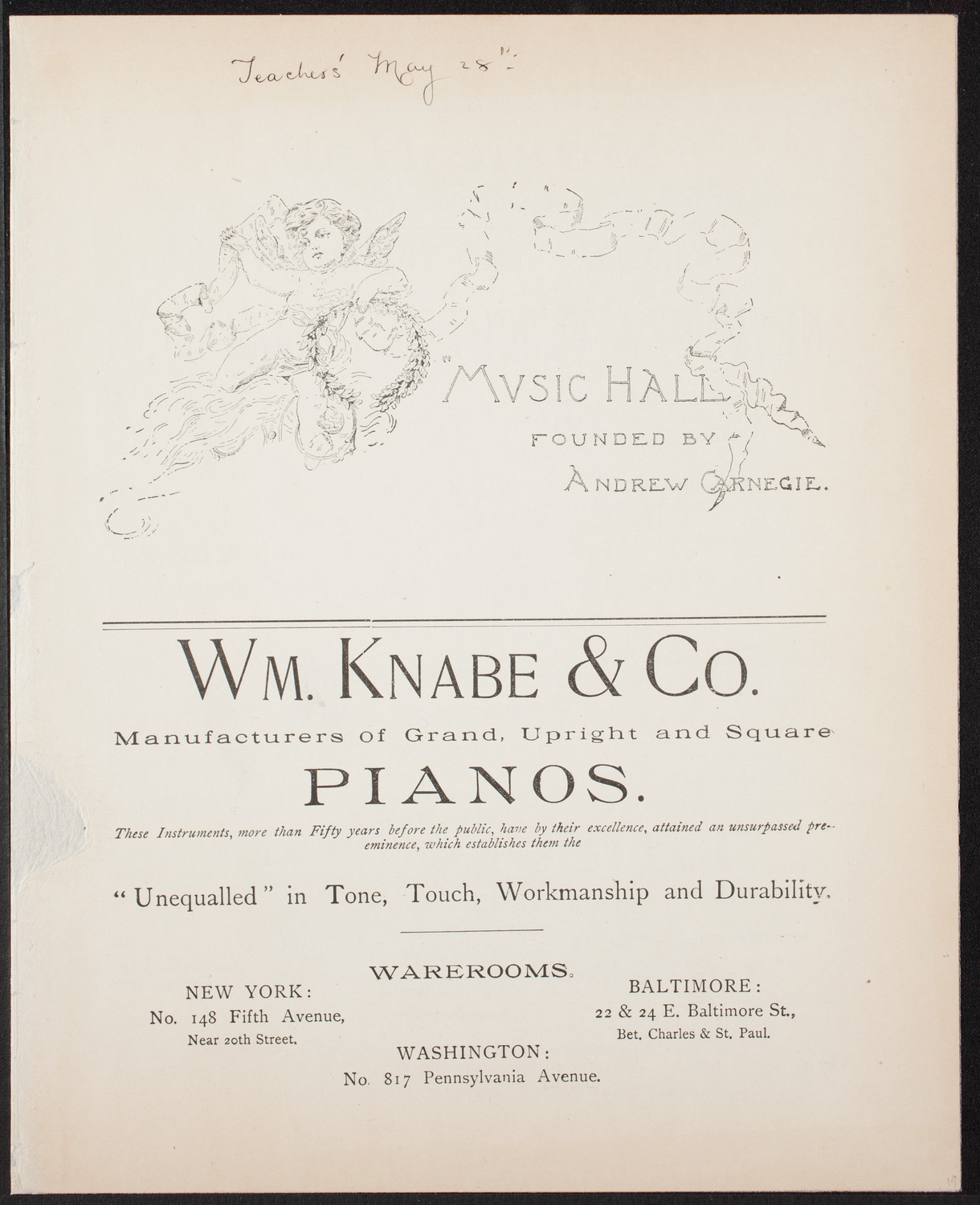 New York Teachers' Association Concert and Reception, May 28, 1892, program page 1