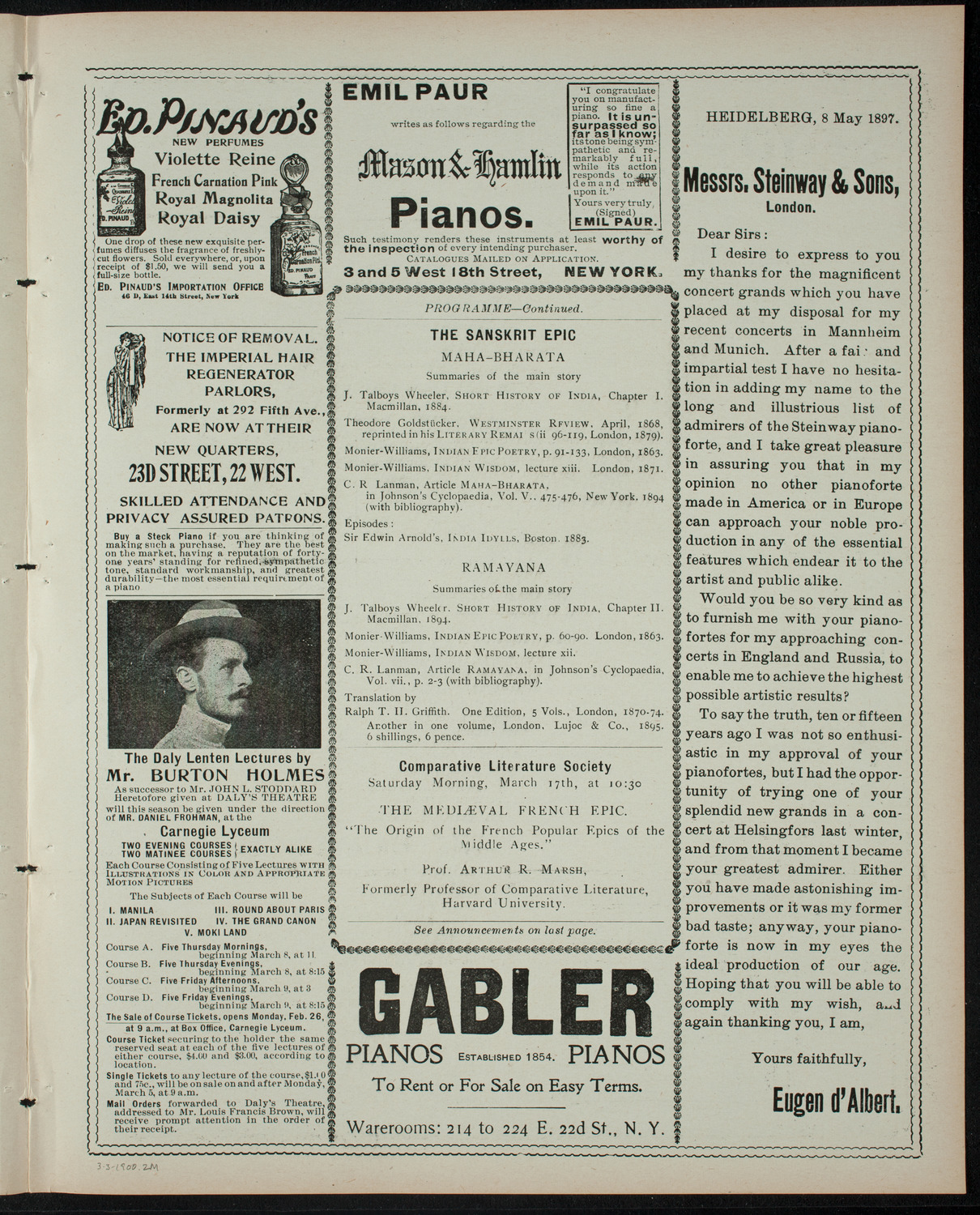 George Peabody Eustis: A Course of Modern Plays, March 3, 1900, program page 3