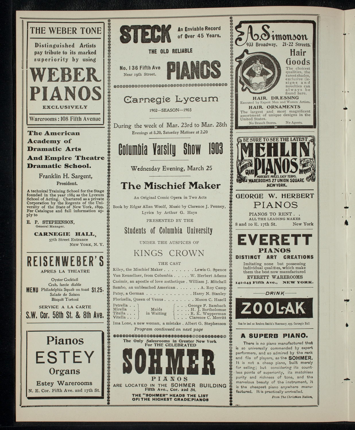 Columbia Varsity Show 1903, March 25, 1903, program page 2