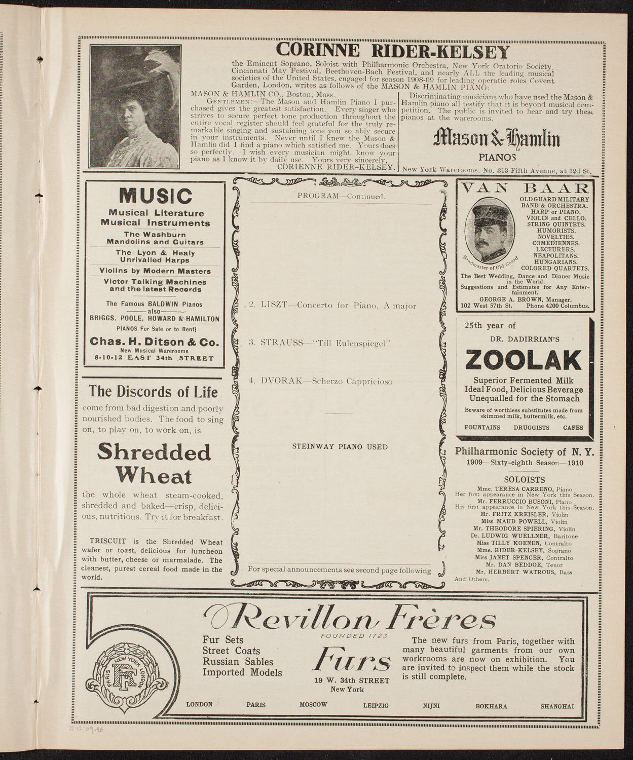 New York Philharmonic, December 12, 1909, program page 7