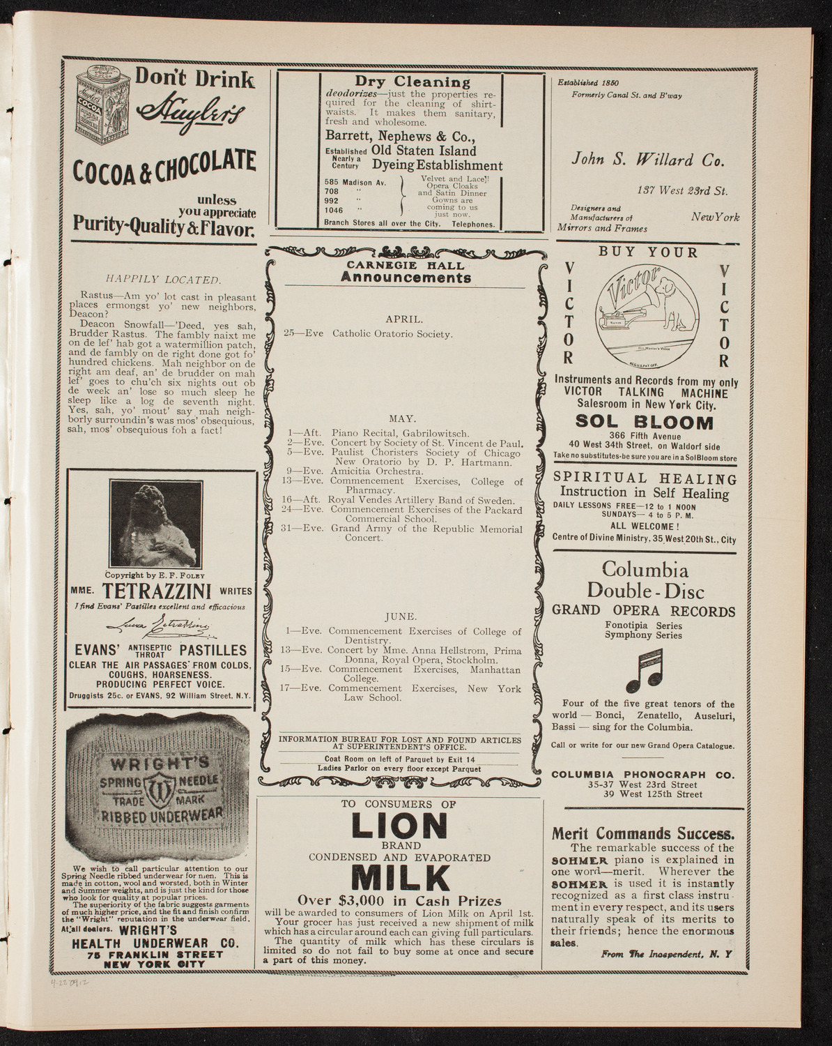 Testimonial Concert to Julian Walker, April 22, 1909, program page 3